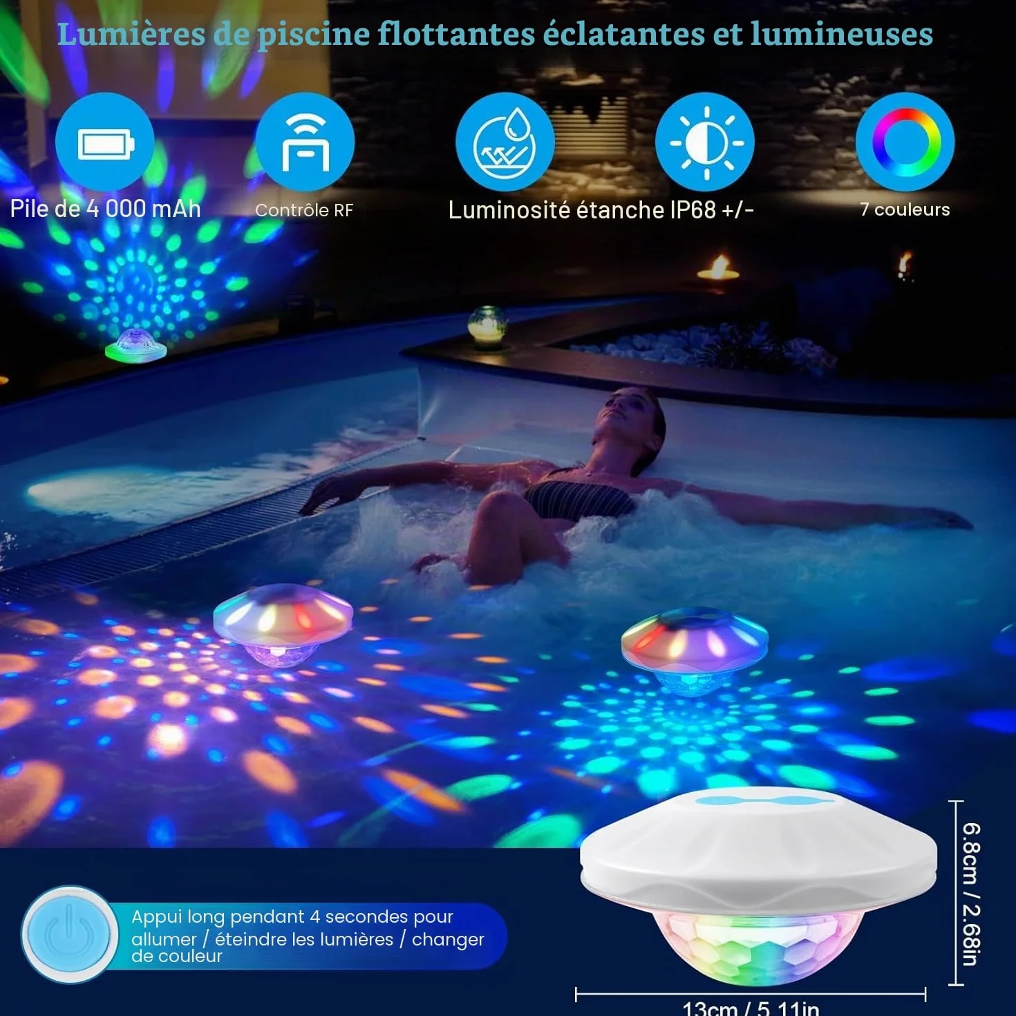 TEPENAR Lampe de piscine flottante IP68 7 modes rechargeable Éclairage disco spa LED étanche 1 pièce
