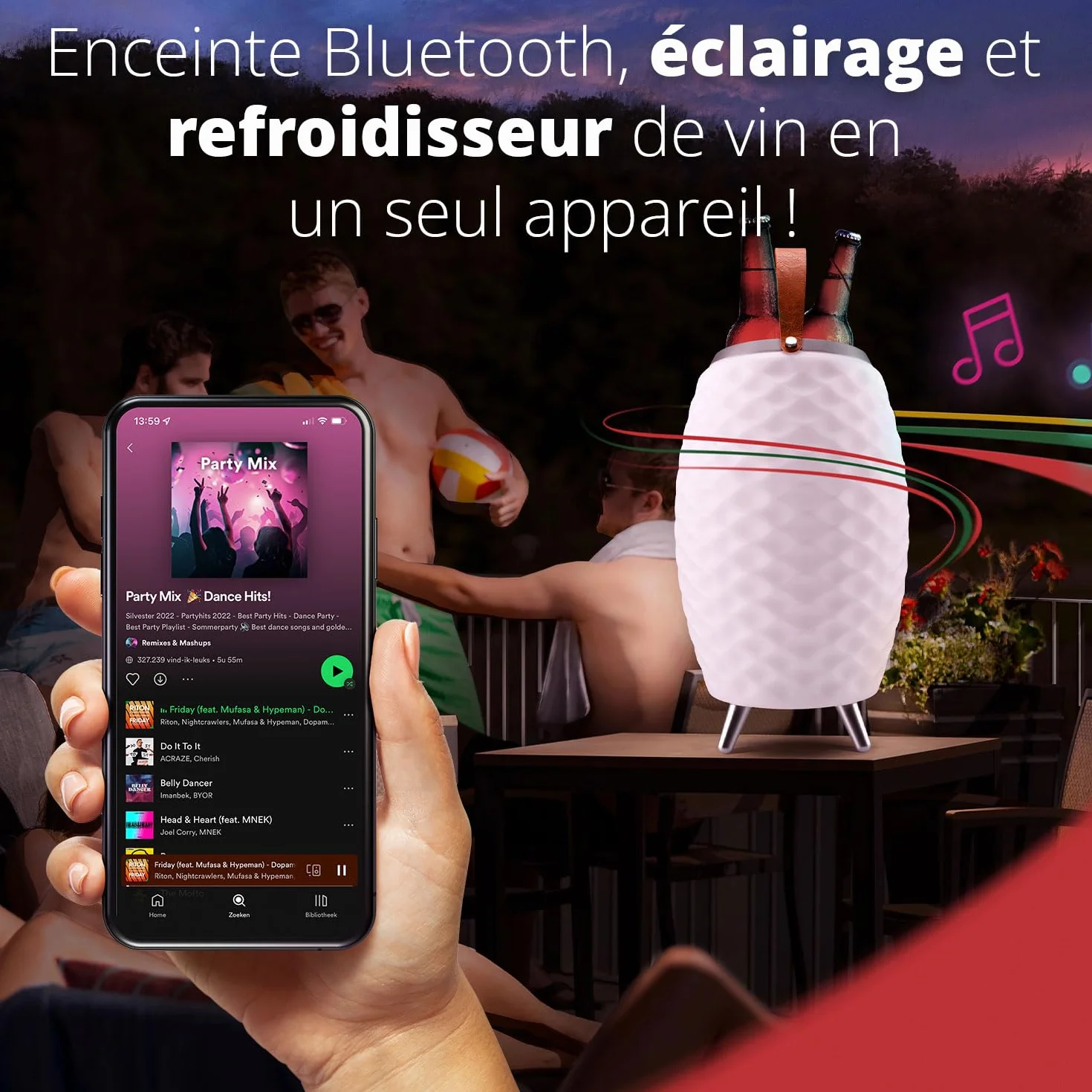 FLINQ Haut-Parleur Bluetooth Portable Lampe LED Bali avec Refroidisseur à vin Étanche aux éclaboussures Blanc