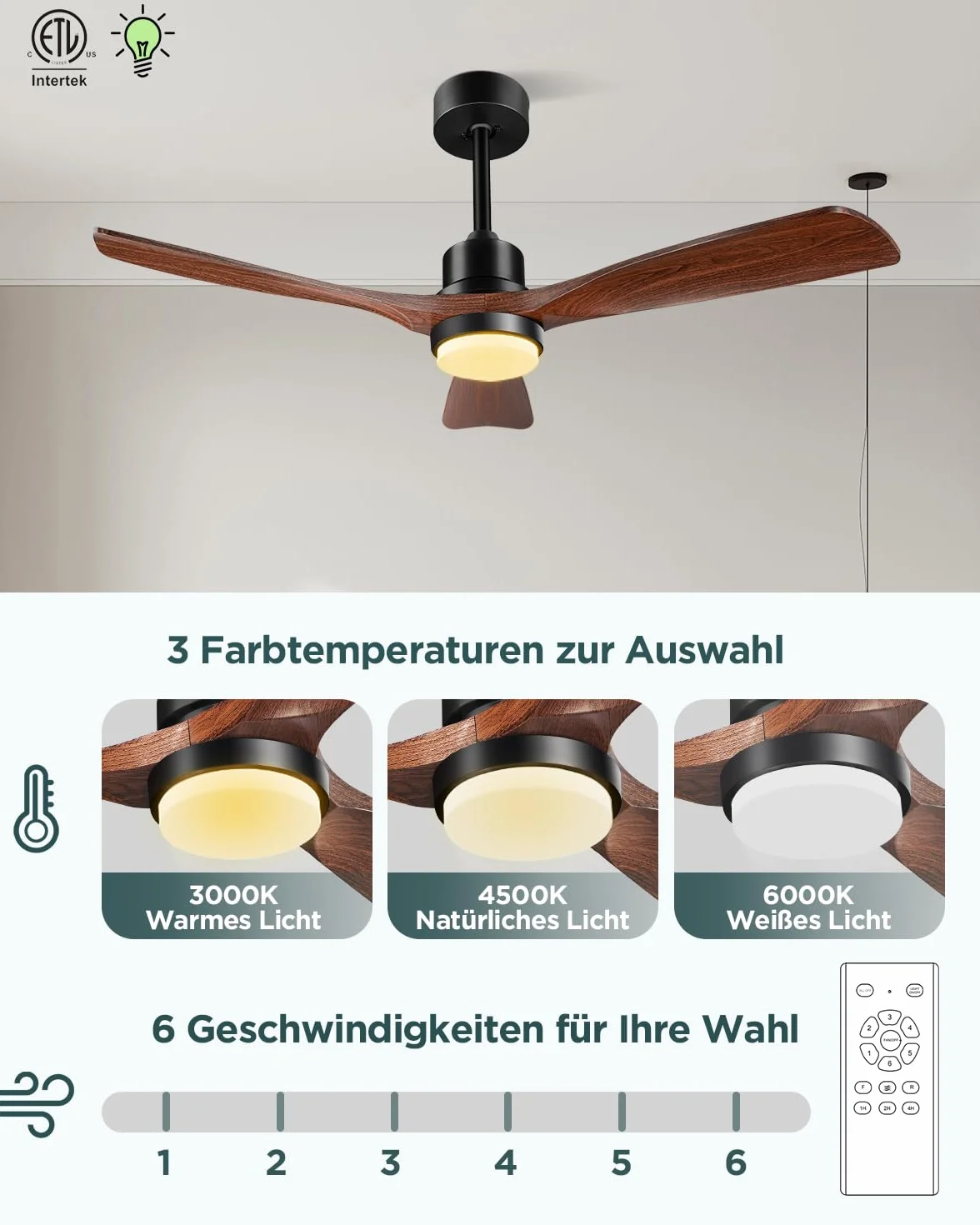 Ventilateur de plafond 132 cm avec lumière télécommande moteur DC réversible silencieux 3 pales bois design moderne