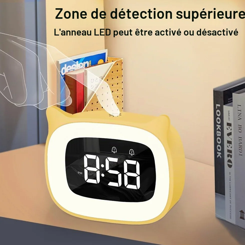 Réveil Enfant Éducatif avec Veilleuse Chat, Lampe Chevet Snooze, 5 Couleurs, 18 Musiques (Jaune)