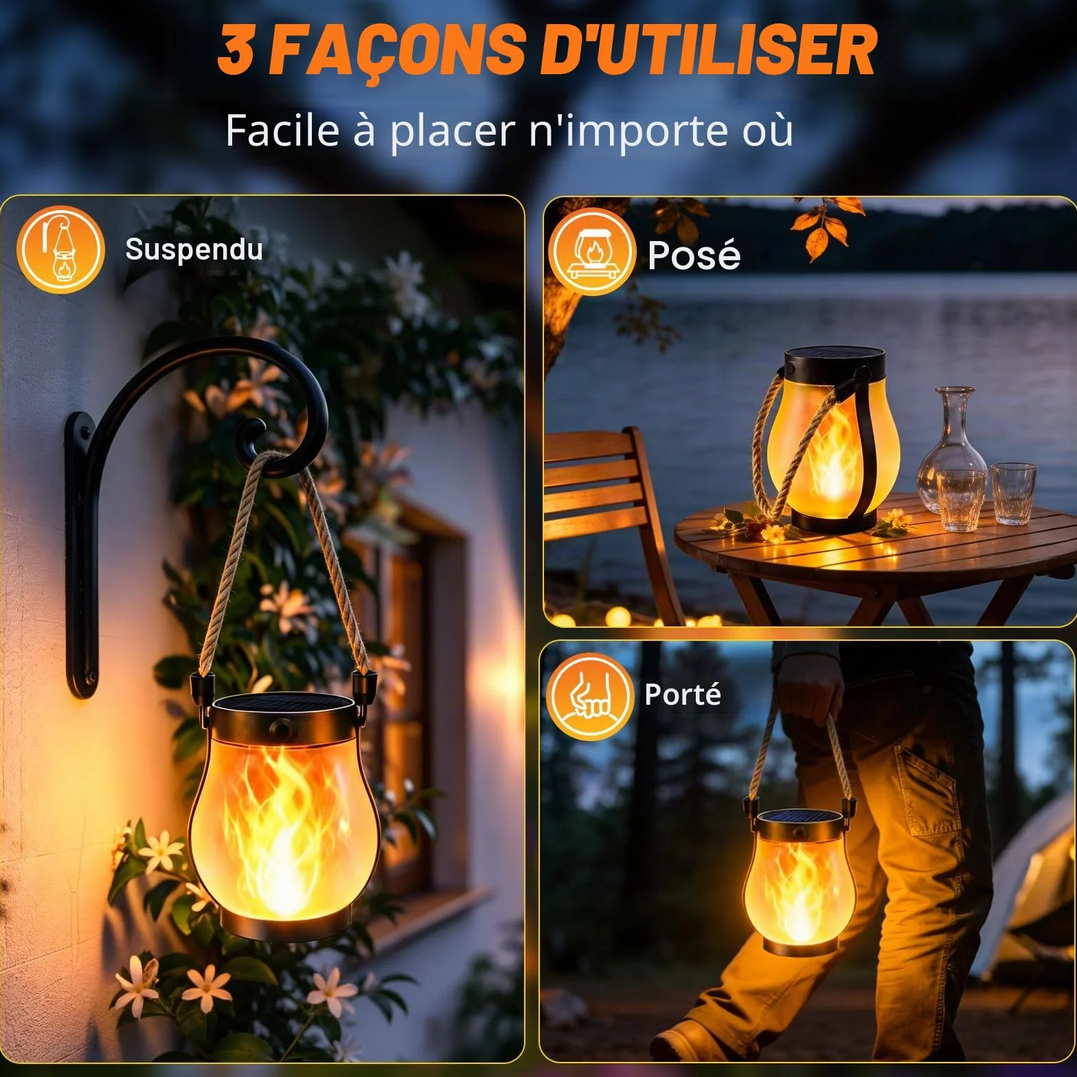 Lanternes solaires extérieures étanches flamme vacillante double charge USB solaire Lot de 2