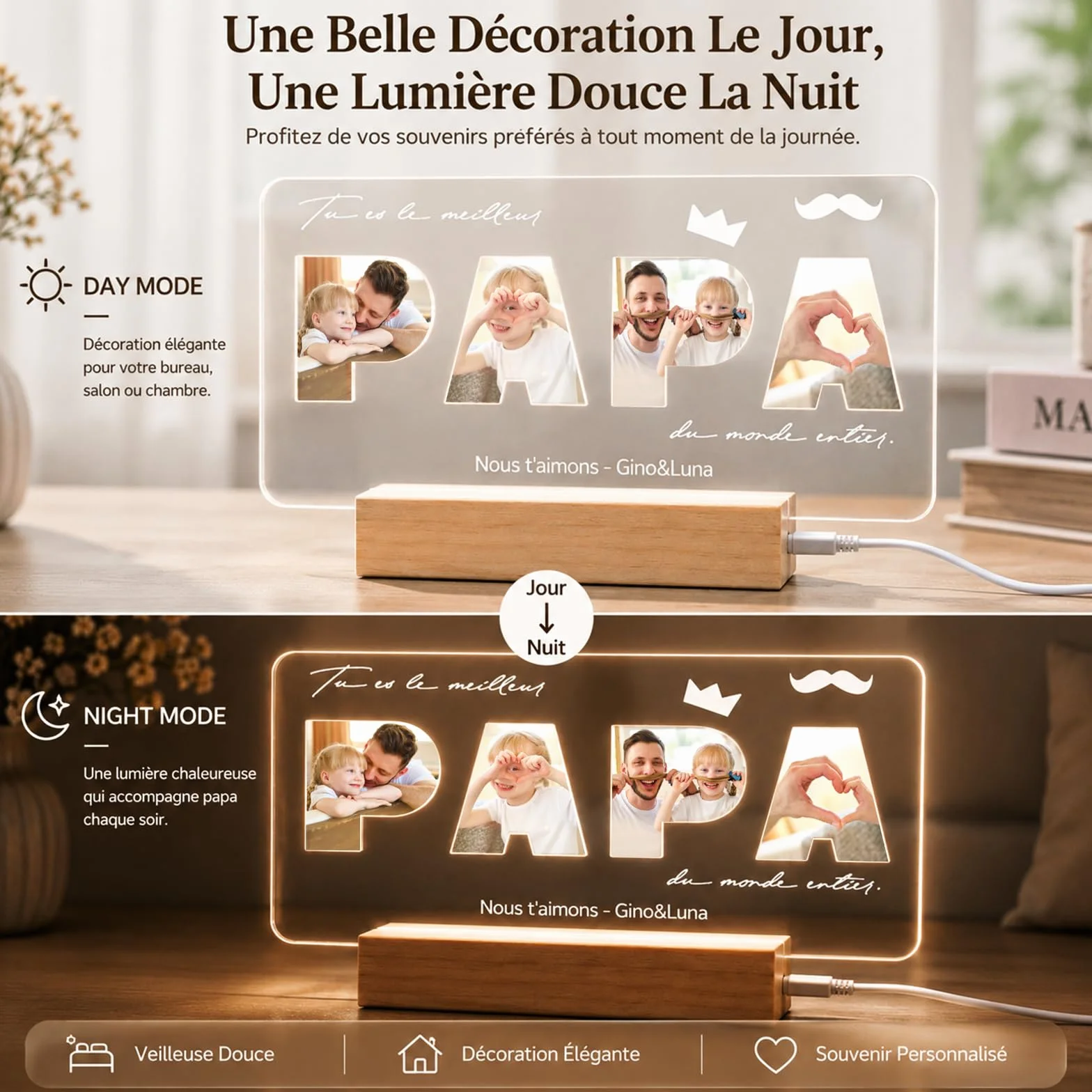 Lampe Cadre Photo Personnalisé Cadeau Fête des Pères Original