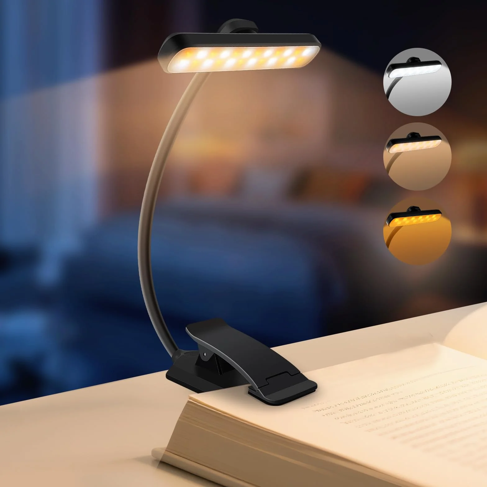 Karidi Lampe de Lecture 24 LED Rechargeable, Liseuse Clip Rotative 315°, 5 Luminosités 3 Couleurs, 360° Cou Flexible Noir
