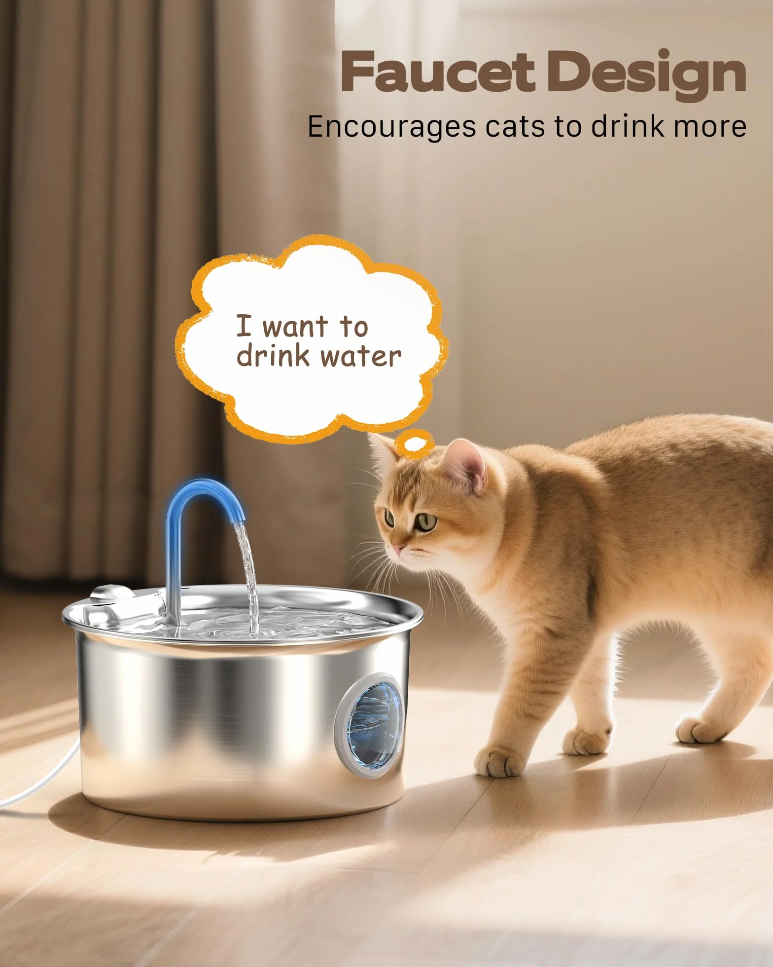 Fontaine à Eau pour Chat INOX 2,6L Automatique Silencieuse avec Fenêtre de Niveau d'eau