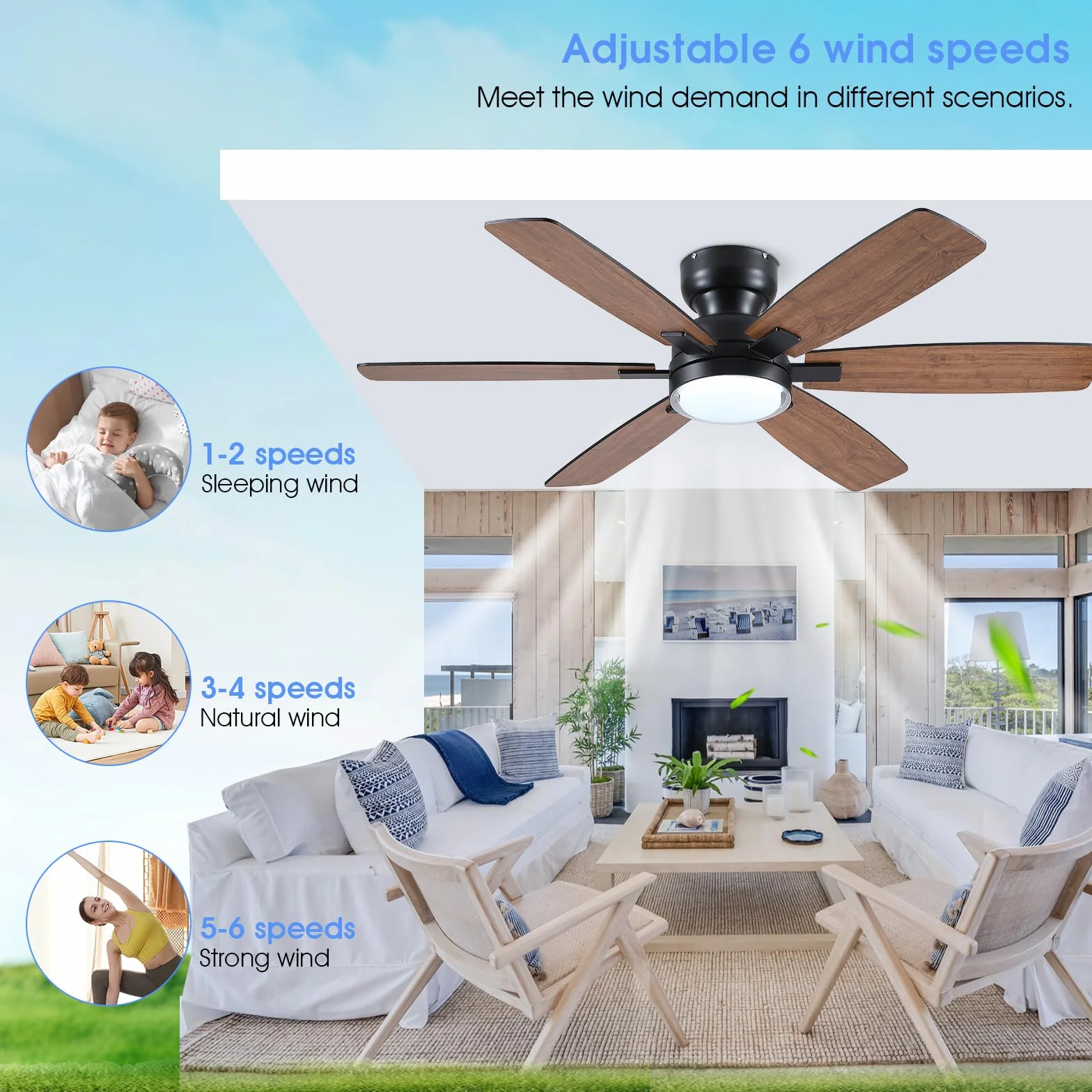 Ventilateur de plafond 132 cm avec lumière, télécommande et APP, 6 pales réversibles, couleur dimmable, marron