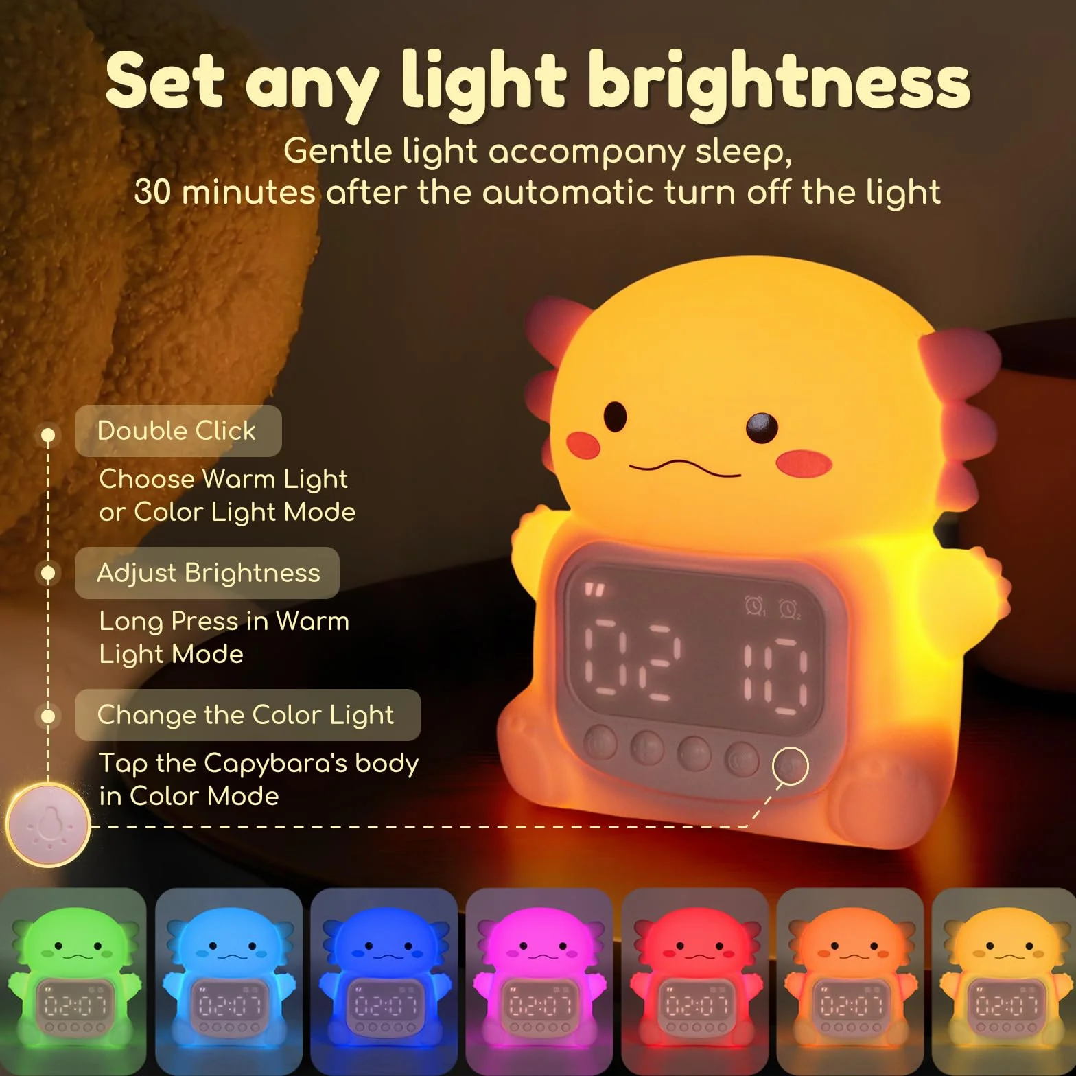 Réveil Axolotl avec veilleuse 7 couleurs RVB lampe de table en silicone pour enfants