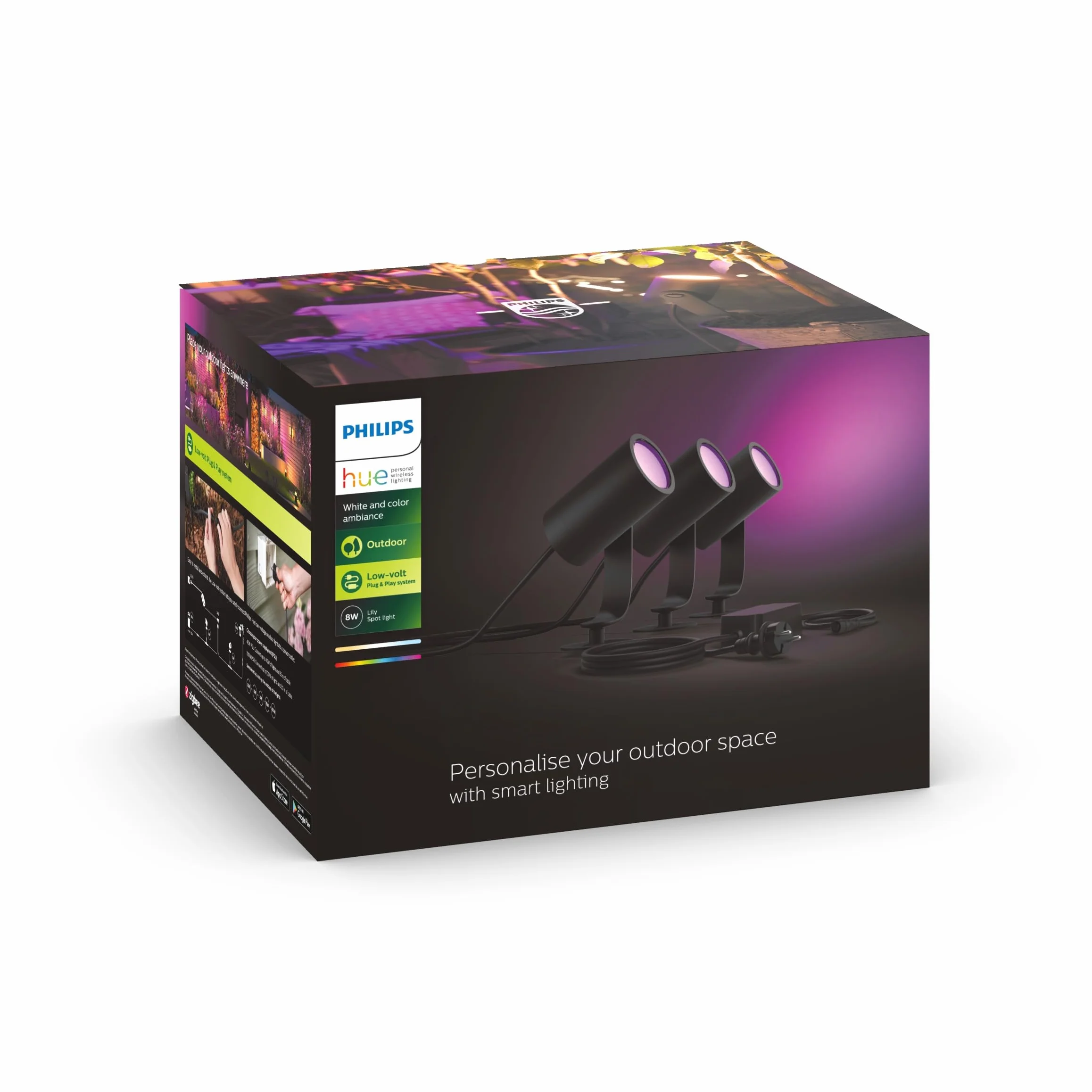 Philips Hue White & Color Ambiance LILY Kit 3 Spots 8W Anthracite LED extérieur compatible Alexa Google Assistant Apple Homekit