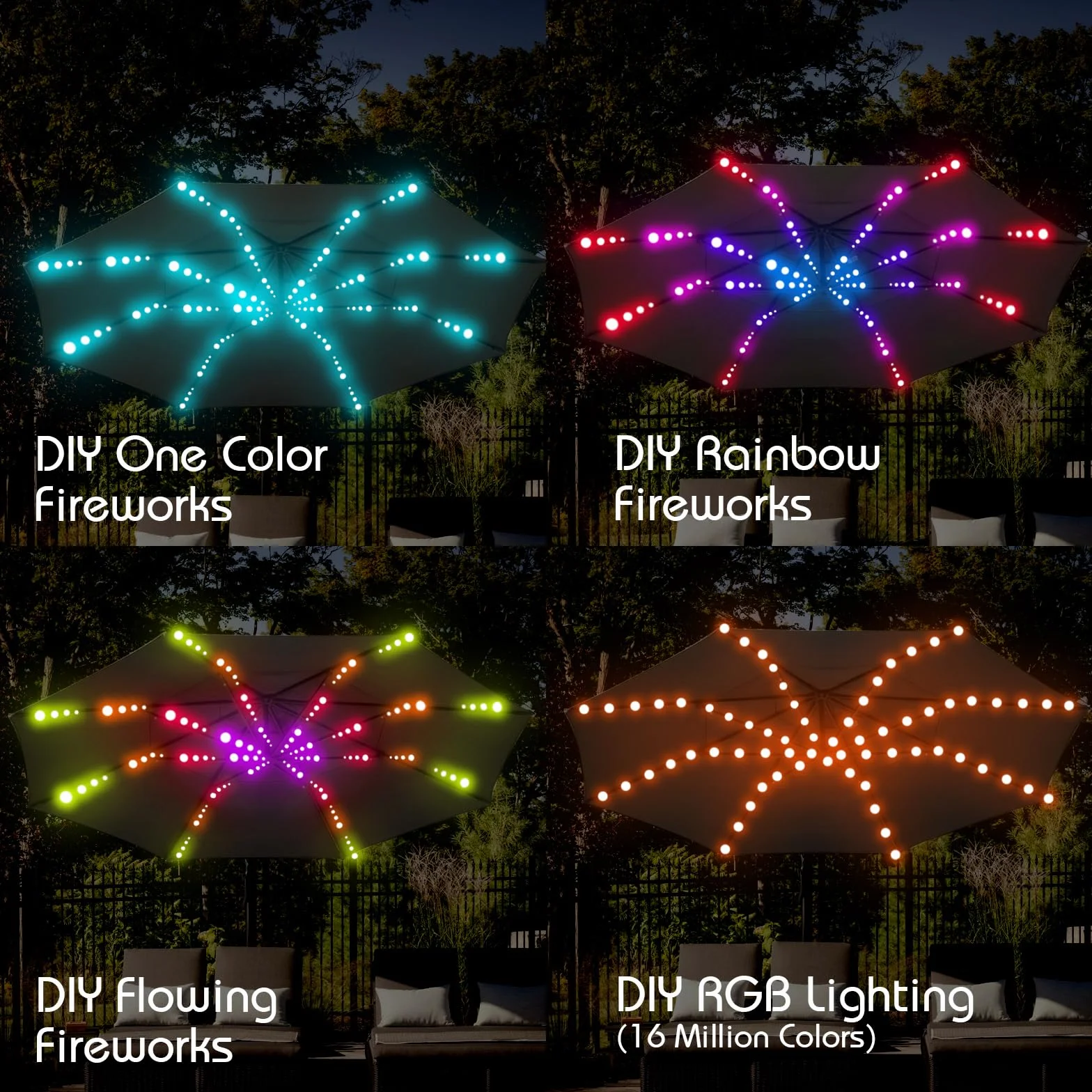 Parasol Guirlande Feux D'artifice LED 104 LED Couleur Changeante avec APP Bluetooth Télécommande DIY Chasing Metor Flowing
