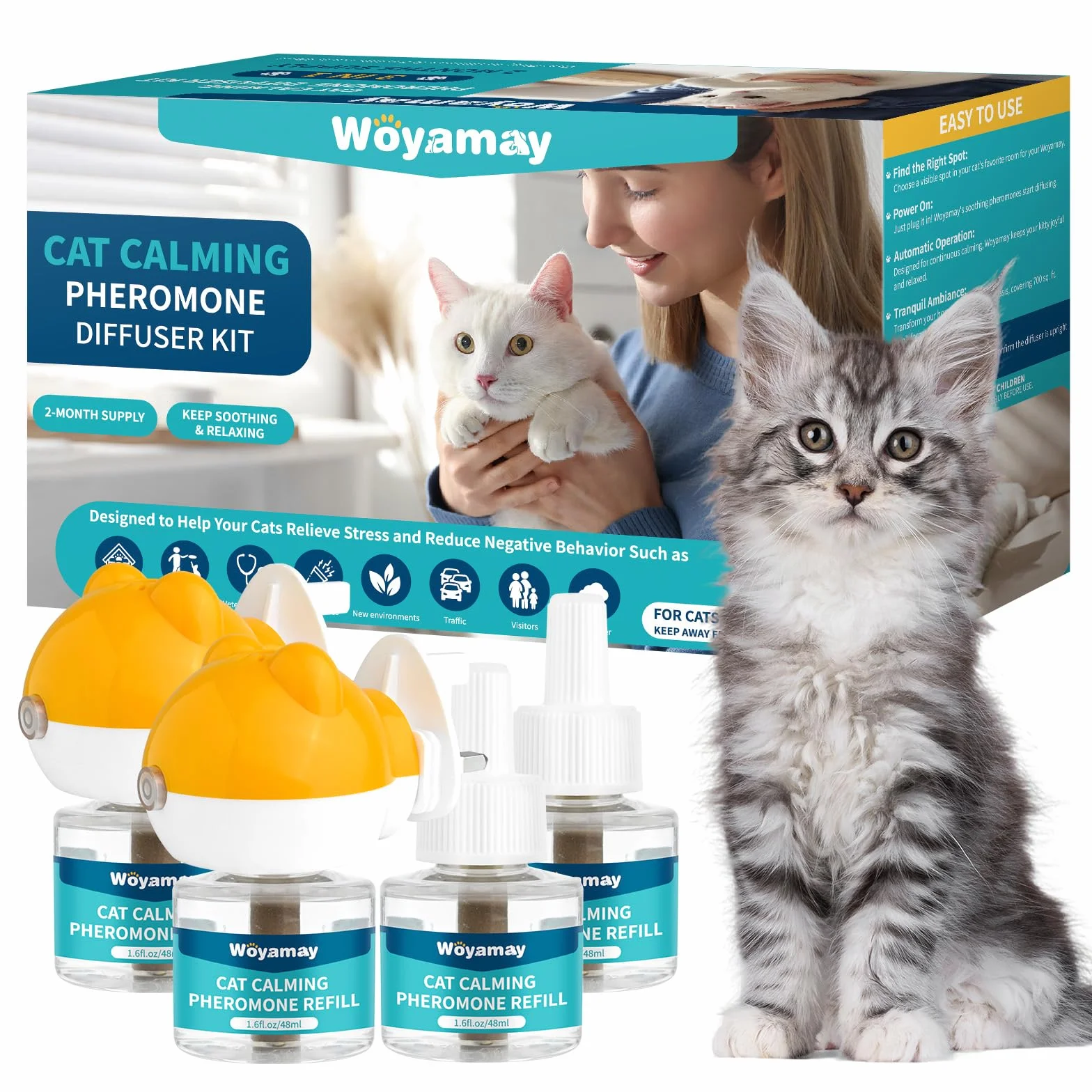 Woyamay Diffuseur Phéromones Chat 2 Diffuseurs + 4 Recharges 48 ML Anti Stress Apaisant Jusqu'à 120 Jours