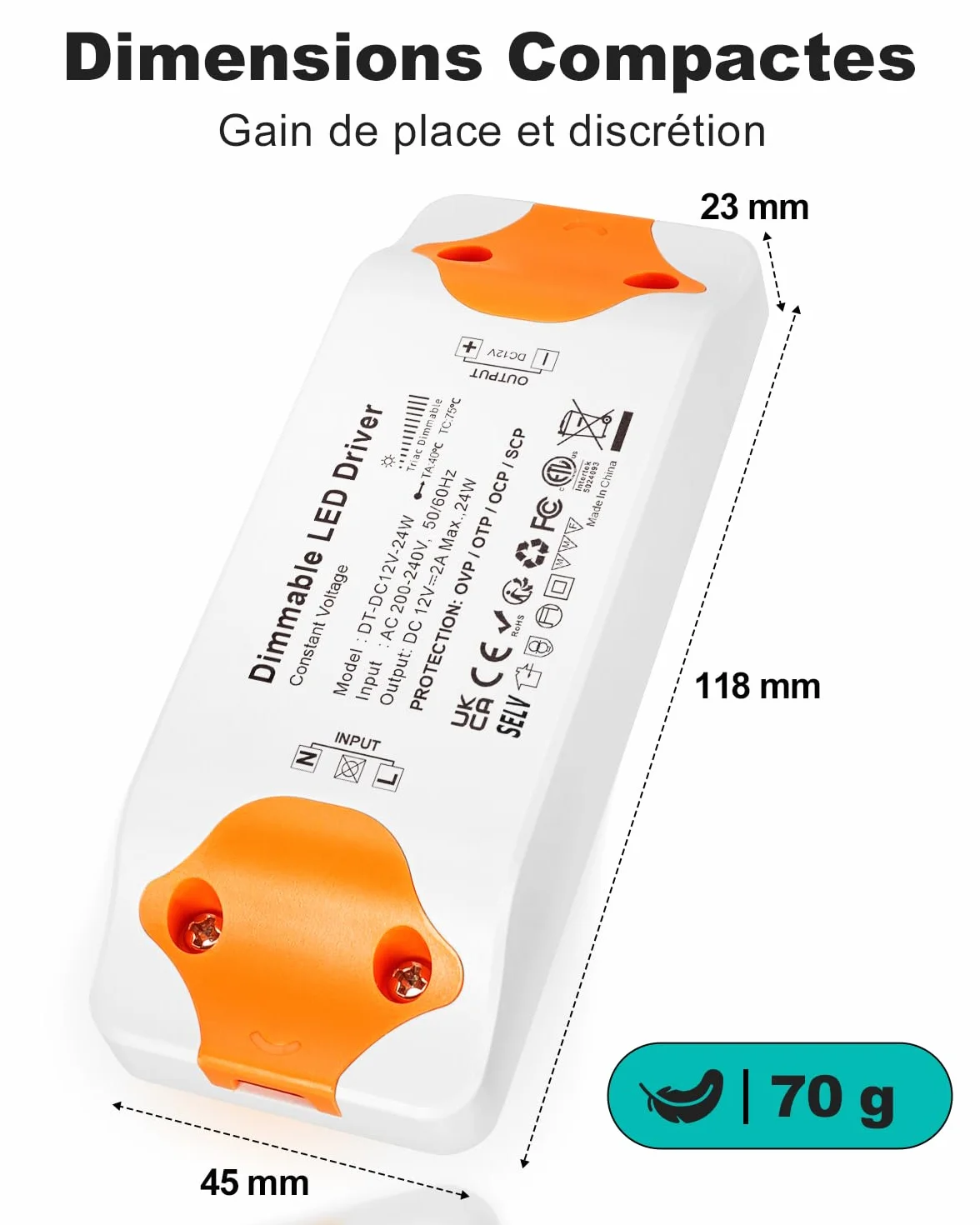 REYLAX Transformateur LED 12V Dimmable TRIAC 24W 2A Alimentation Tension Constante 220V AC DC Convertisseur