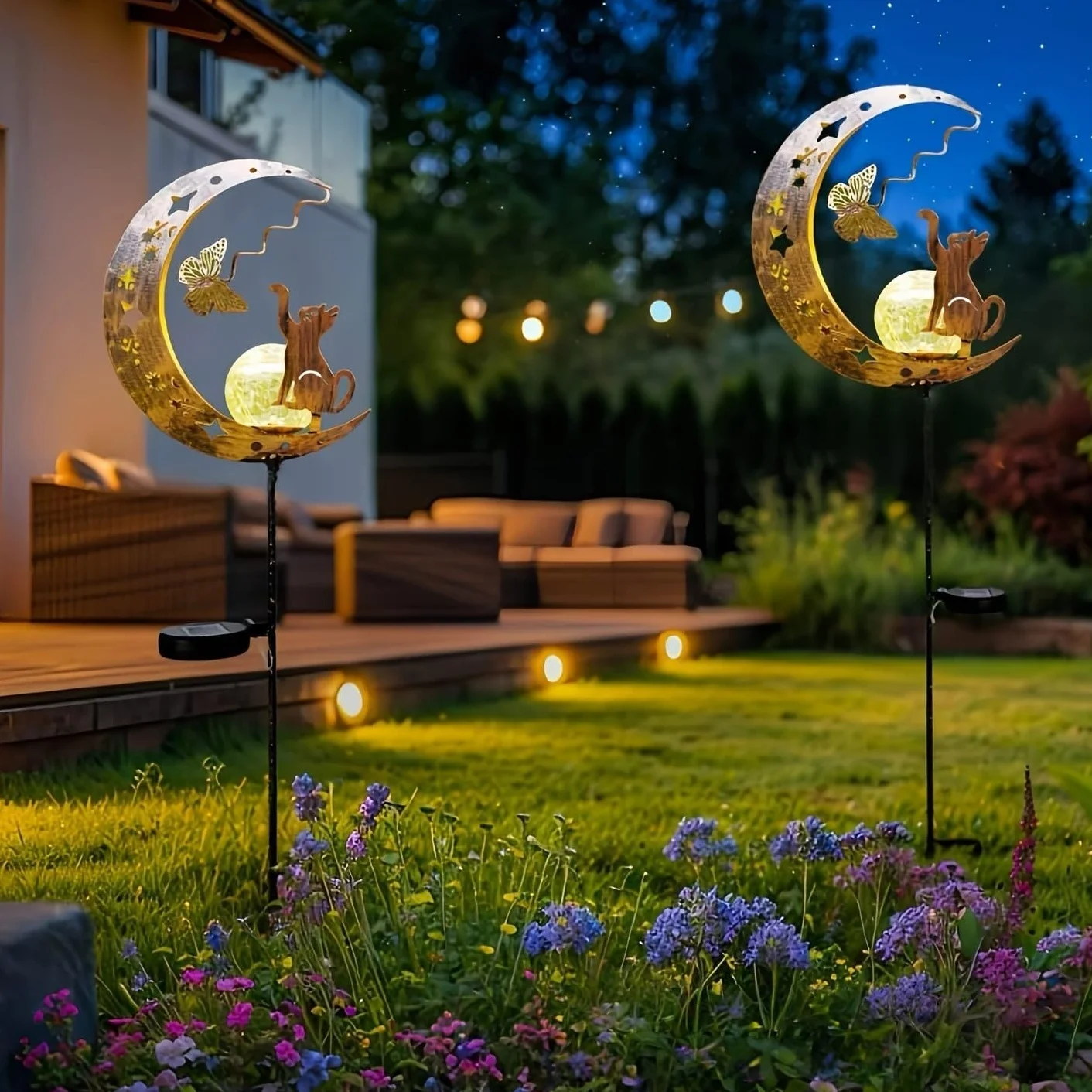 YeahBoom Lampes solaires de jardin décoratives avec motif lune et chat, étanche pour extérieur