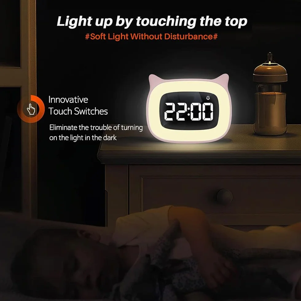 Réveil Enfant Éducatif LED Veilleuse Pendule Chambre Kid 5 Couleurs 18 Musiques Cadeau Anniversaire Fille Garçon Rose