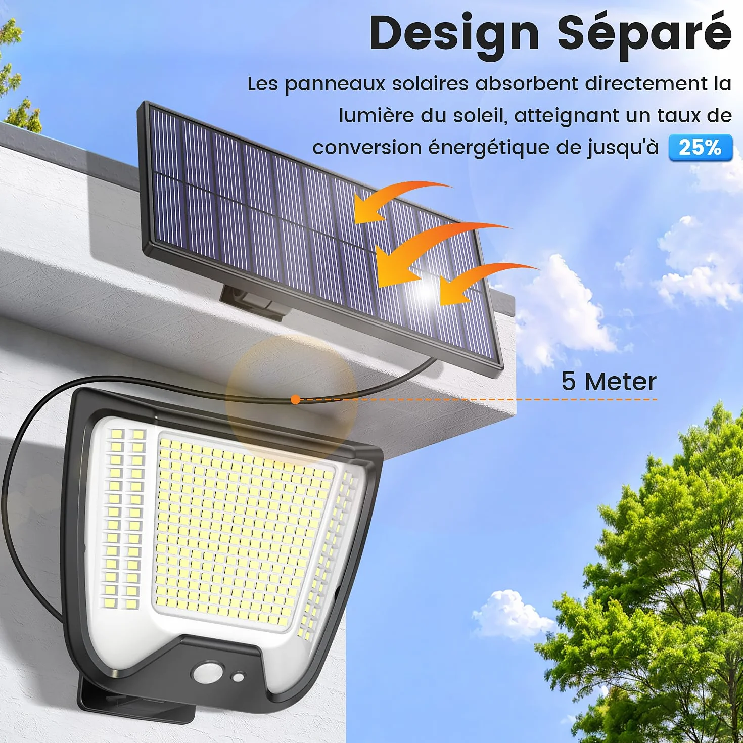 Solaire Extérieur Mouvement Détecteur Lampe 288 LED IP65 Étanche avec Câble 5M