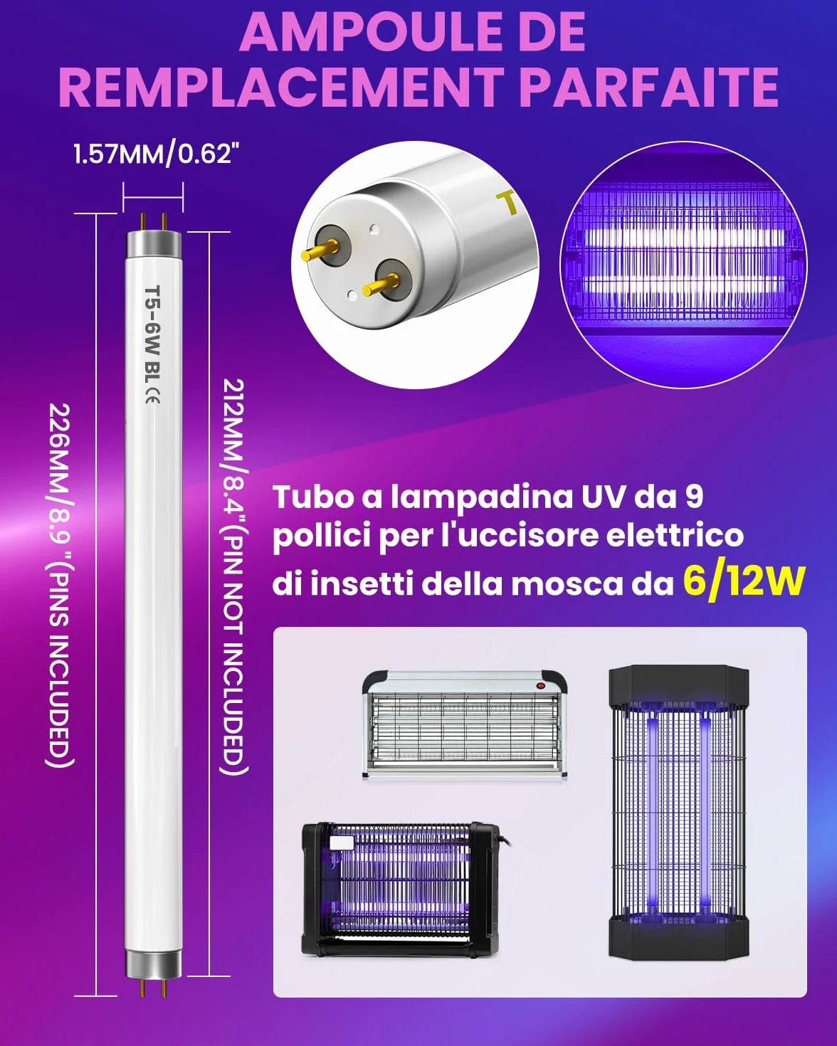 FSL T5 Anti Moustique Ampoule UV 6W, Tube 9in pour Lampe 6/12W (2 Pièces)
