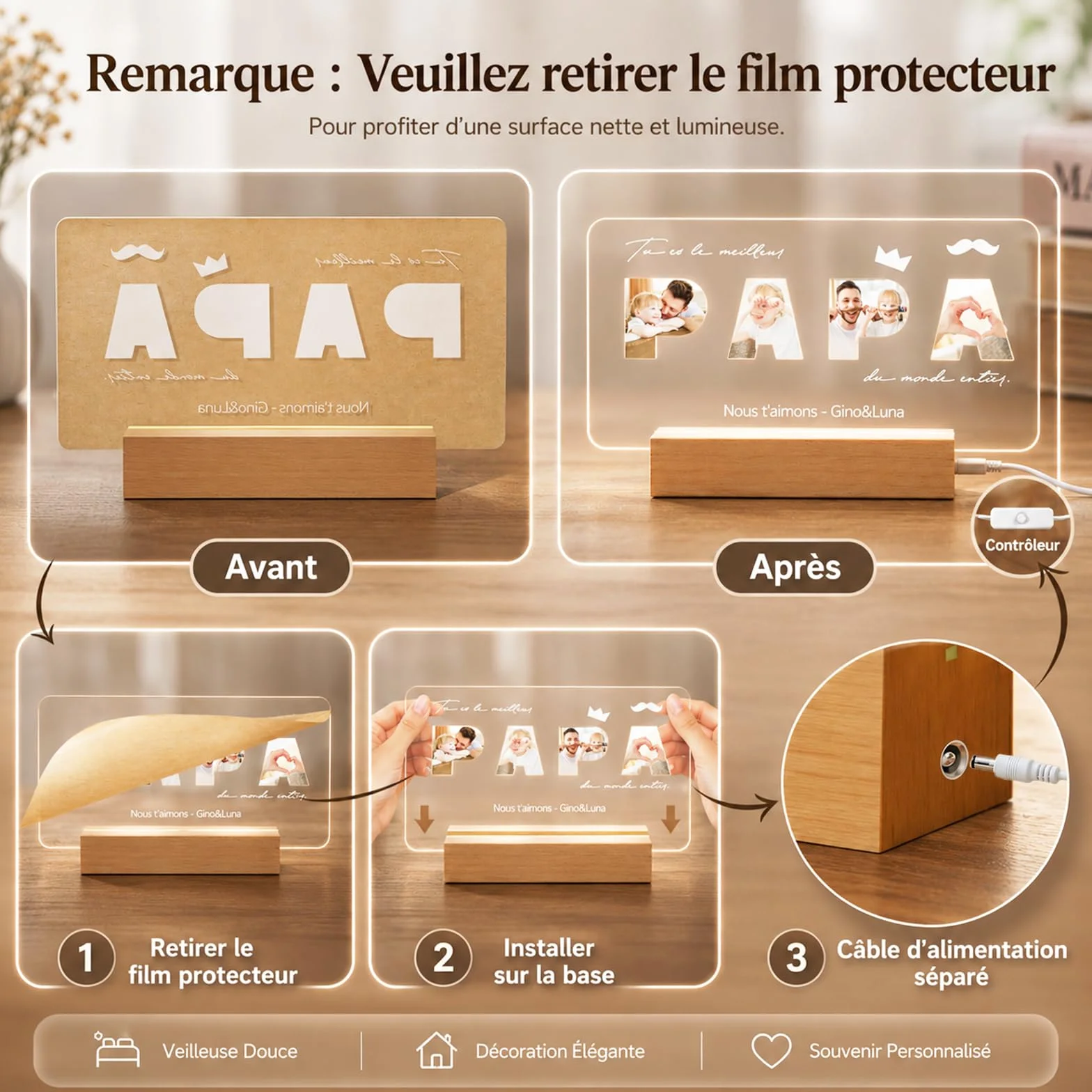 Lampe Cadre Photo Personnalisé Cadeau Fête des Pères Original