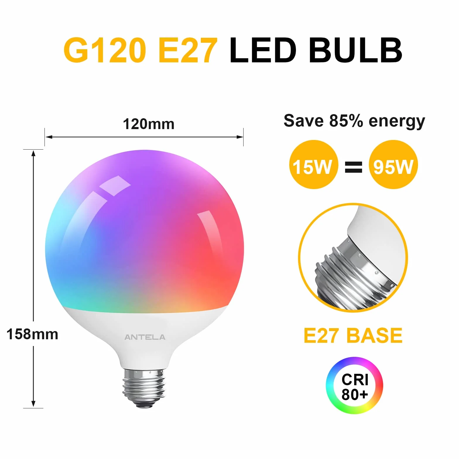 ANTELA Ampoule Connectée Wifi G120 15W LED RGB CCT 2700K-6500K Compatible Alexa Google Home