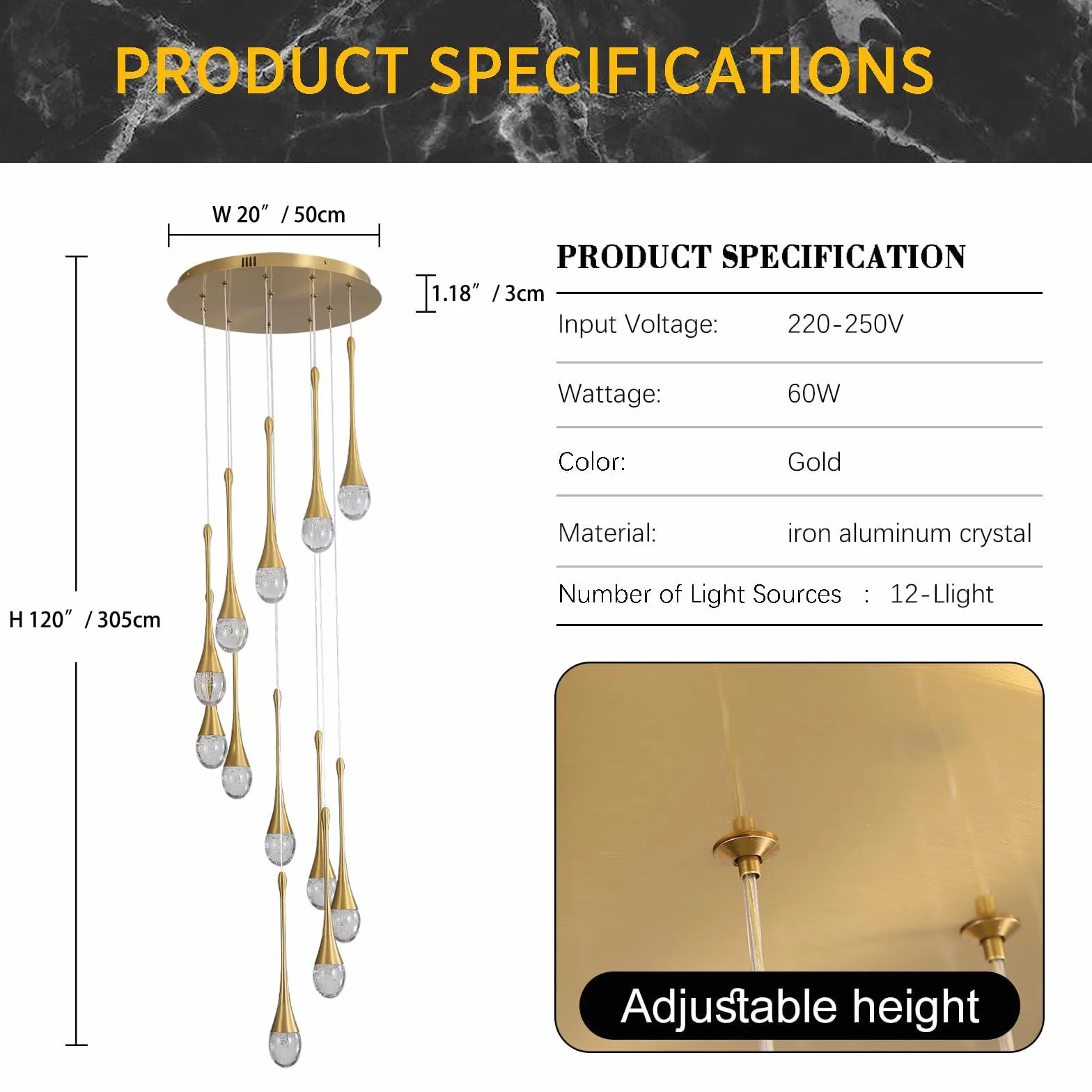 Lustres suspendus en cristal à 12 lumières dorées en forme de goutte de pluie 120 '' / 305 cm de haut Foyers d'entrée Lustres d'entrée StaircaseBig Crystal Bubble 3000-6000K Dimmbale LED Luminaires