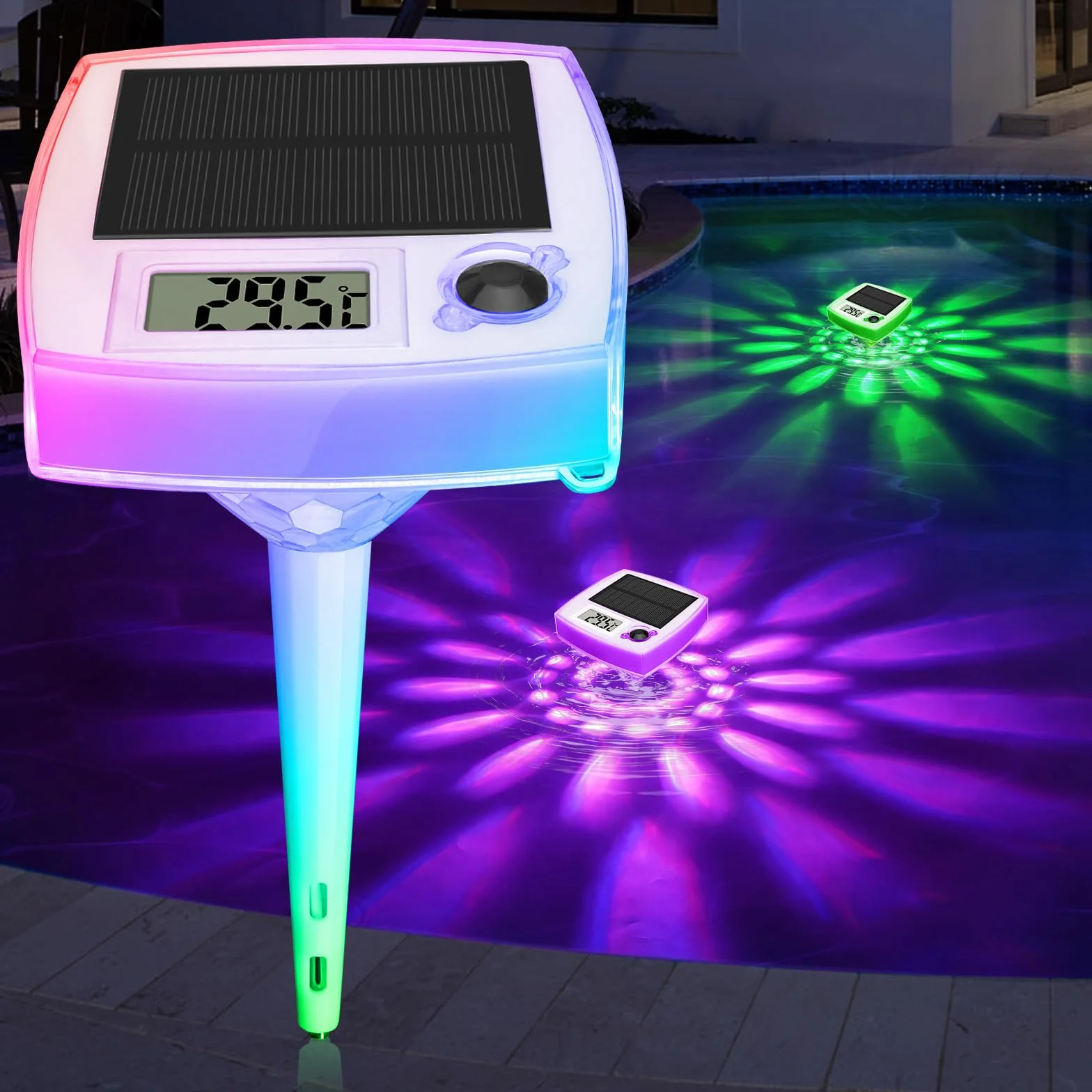 Thermomètre Piscine Flottant Solaire IP68 avec 8 Effets Lumineux
