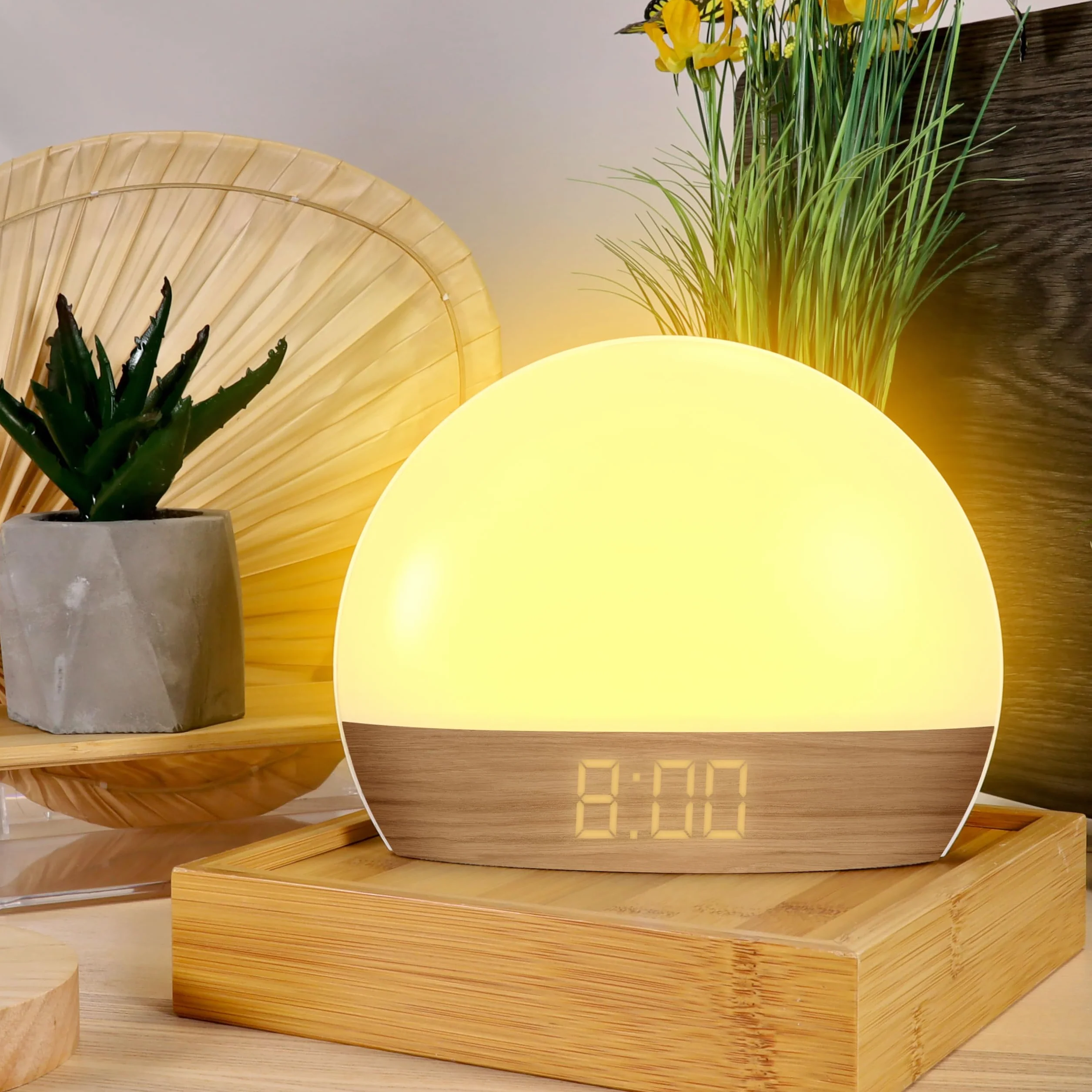 mooov 477356 Réveil simulateur d'aube Lumiere Progressive sur Secteur Luminothérapie Eclairage Blanc ou Couleur Charge Port USB-A Effet Naturel Bois