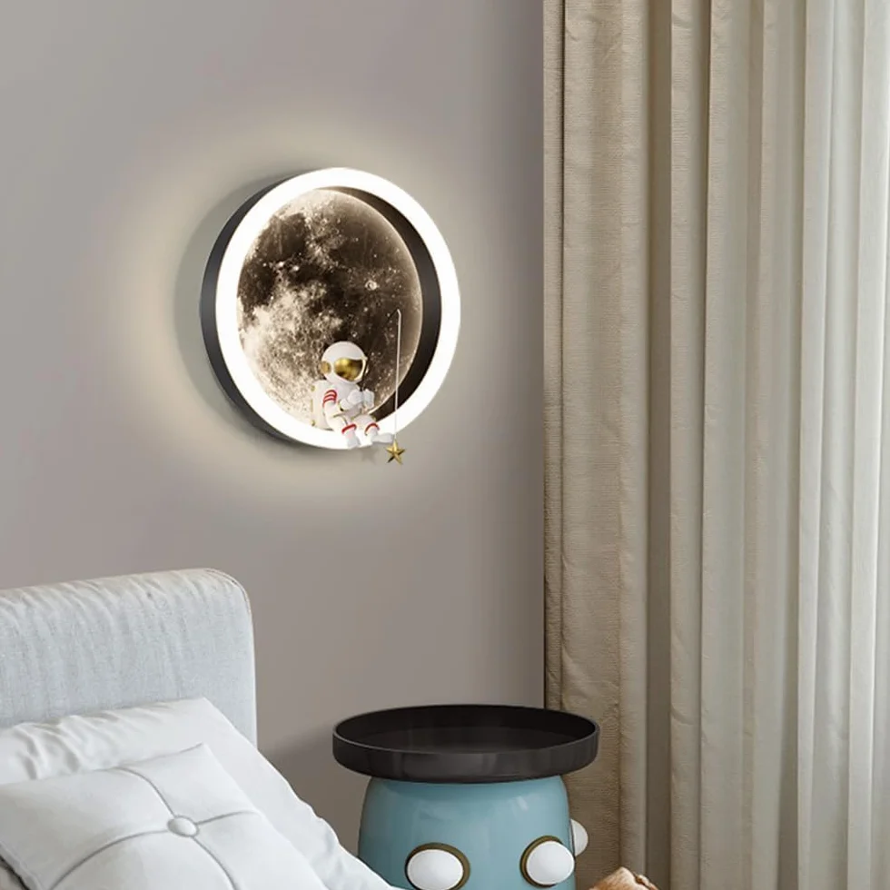 Applique Murale LED Enfants Lune Astronaute Décoration Chambre 3000K 12W Ronde Noir