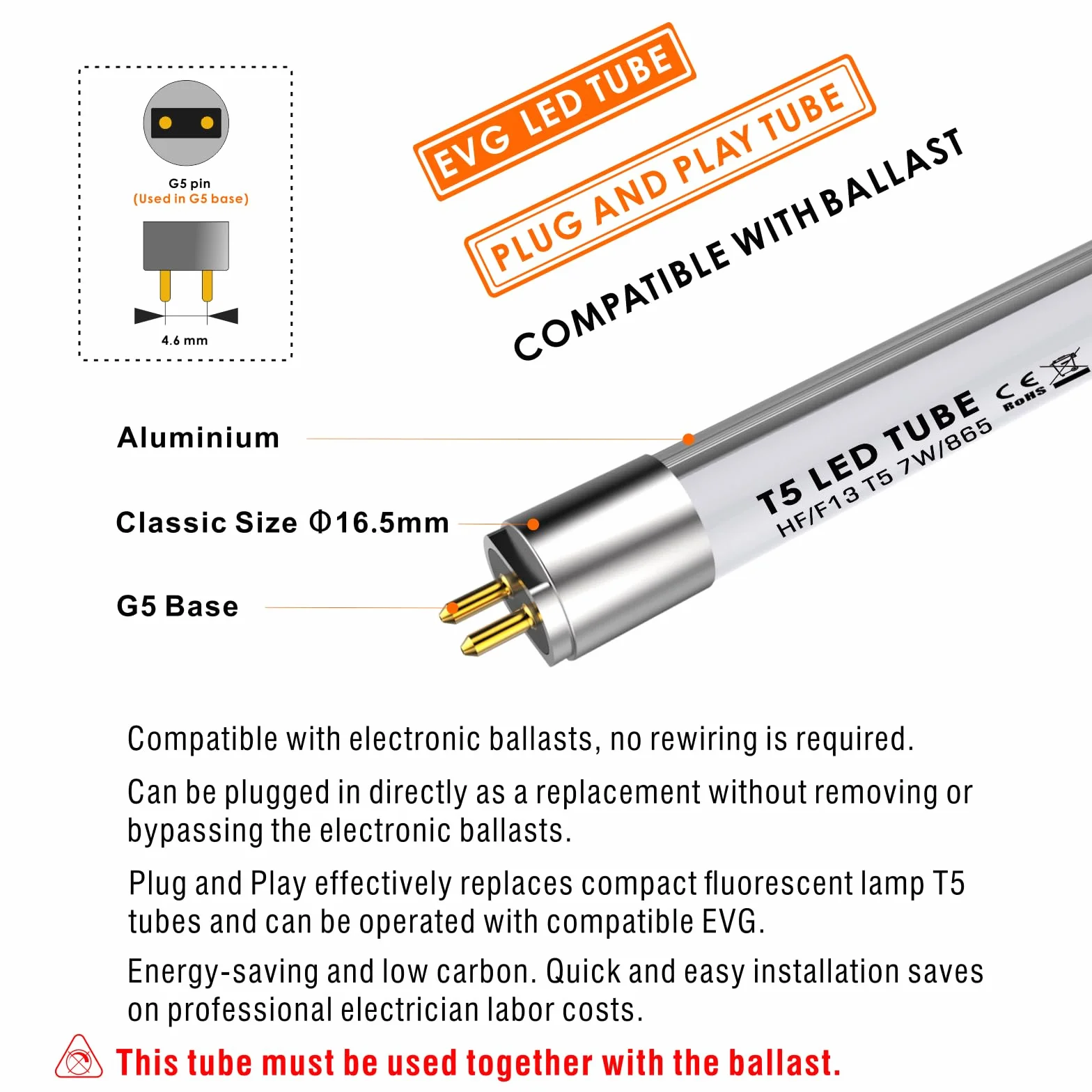 T5 LED Tube 7W 517mm 6500K Blanc Froid 910 Lumens G5 Remplace 13W Fluorescent Compatible EVG/KVG