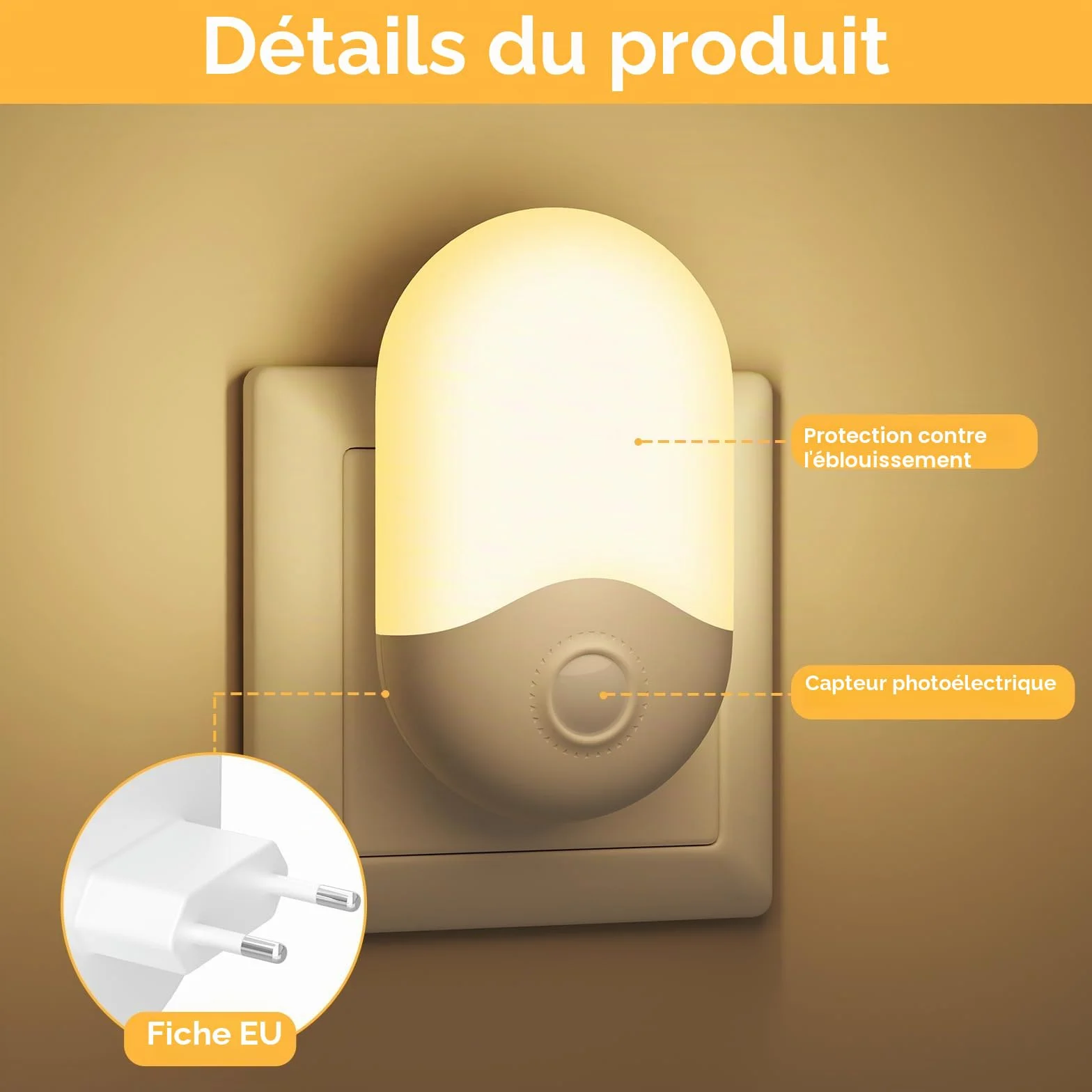 Veilleuse Enfant Capteur Crépuscule Lot de 2 AUTO ON/OFF Lampe Nuit Prise Blanc Chaud 0,5W 30LM