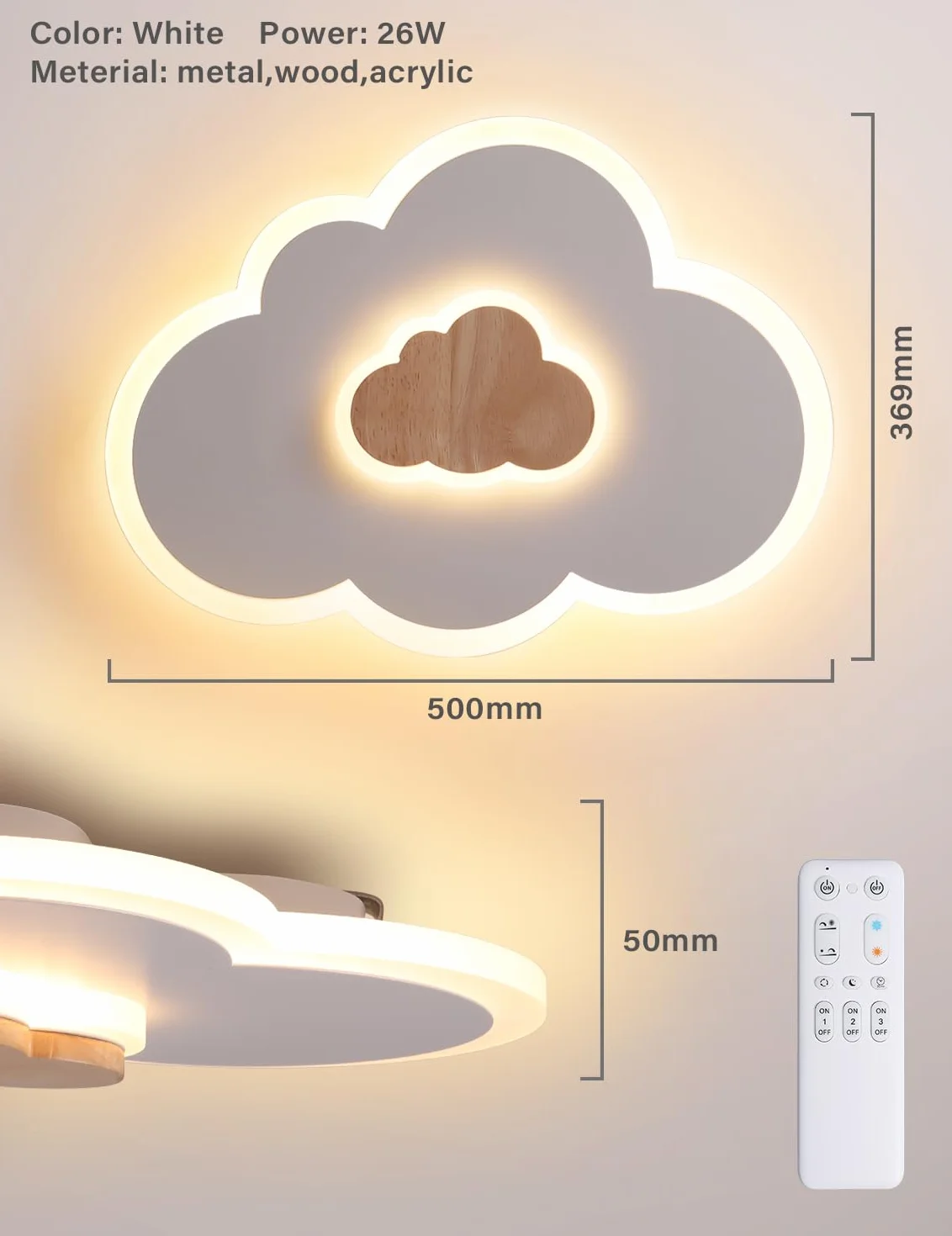 Lampe de Plafond LED Nuage 26W Dimmable avec Télécommande 3000K-6000K 500mm Blancs Modernes