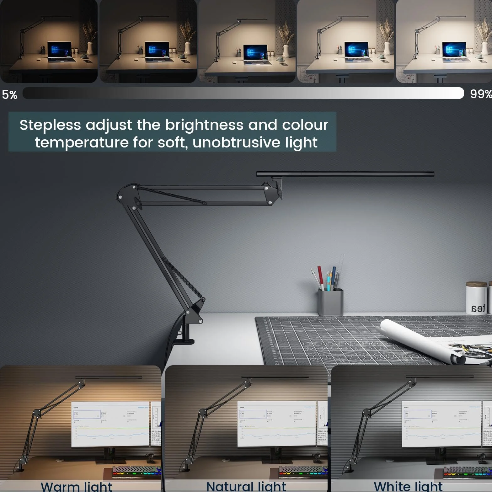 VERSKI Lampe de bureau LED 12W 5 températures de couleur et luminosité réglables avec adaptateur QC 3.0