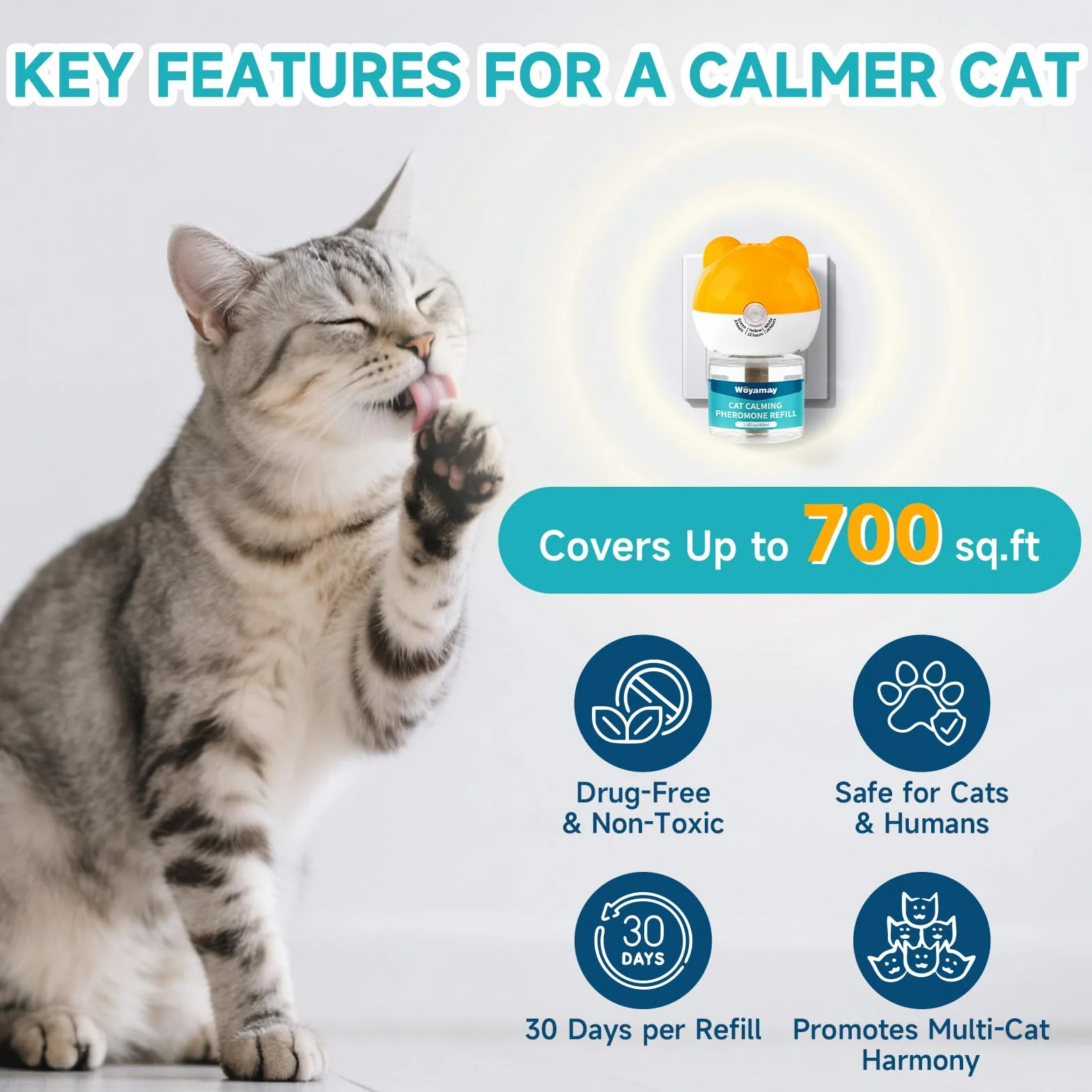 Woyamay Diffuseur Phéromones Chat 2 Diffuseurs + 4 Recharges 48 ML Anti Stress Apaisant Jusqu'à 120 Jours