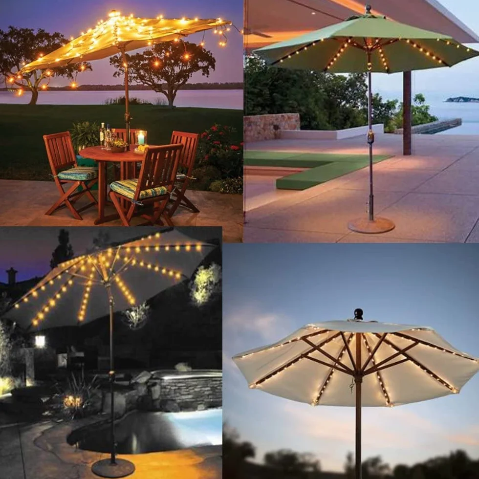 KINGCOO Guirlande Lumineuse Parasol 104LED Etanche Lampes pour Parasol de patio à piles Télécommande 8 Modes Blanc chaud