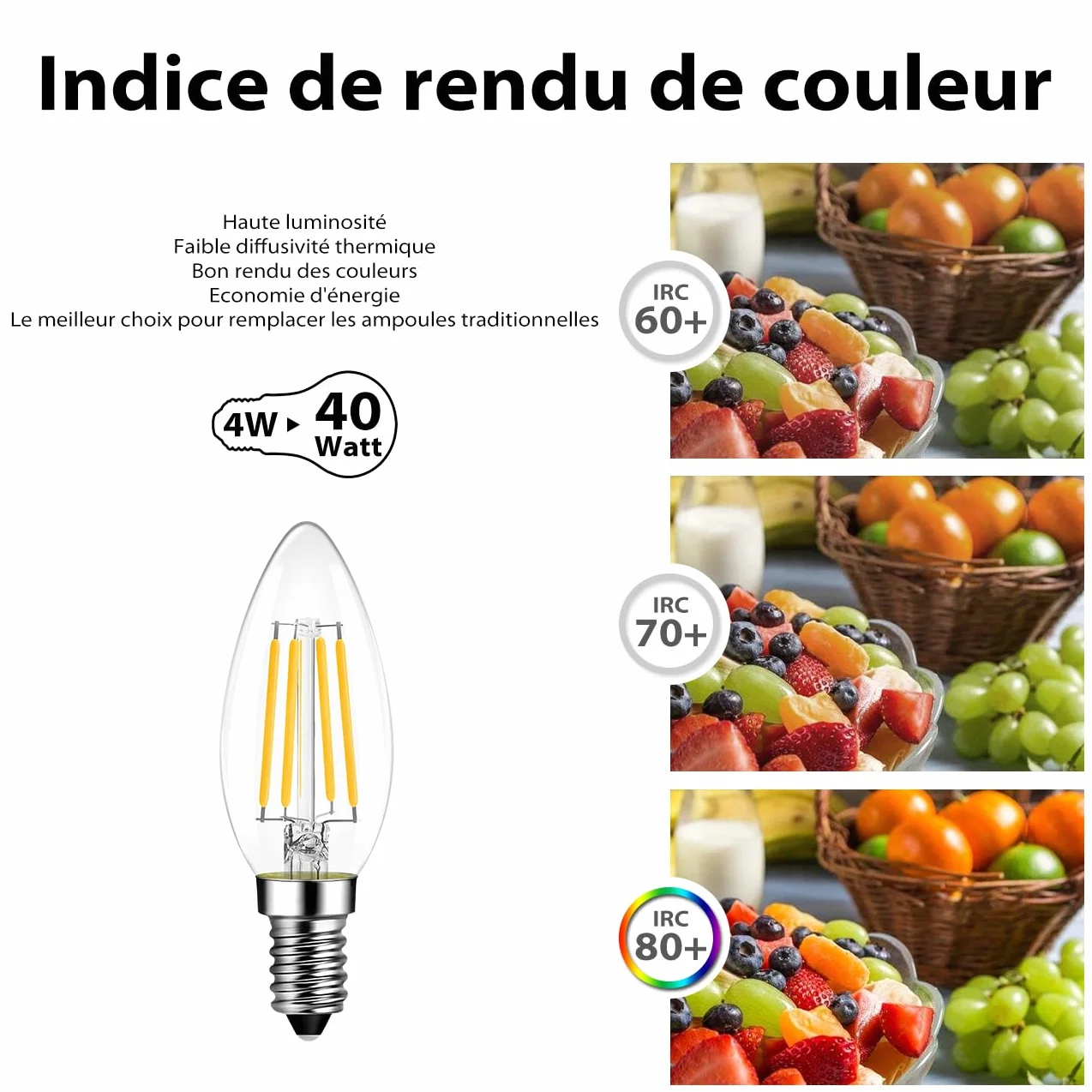 Ampoule LED E14 C35 4W 470lm Blanc Chaud 2700K 220-240V Angle 270°
