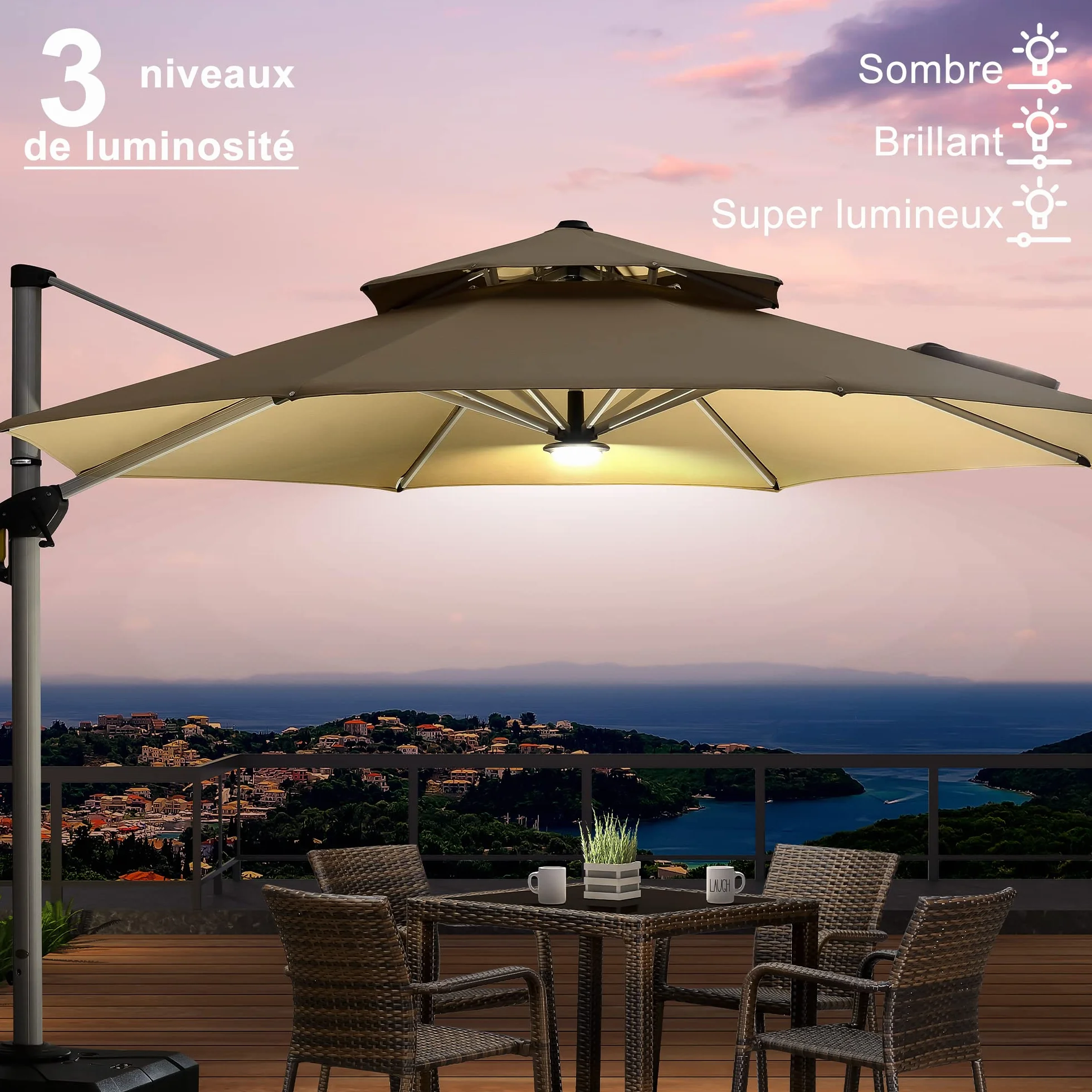 PURPLE LEAF Lampe Parasol Rechargeable RGB LED 12 Modes Lumière Parapluie Jardin Terrasse