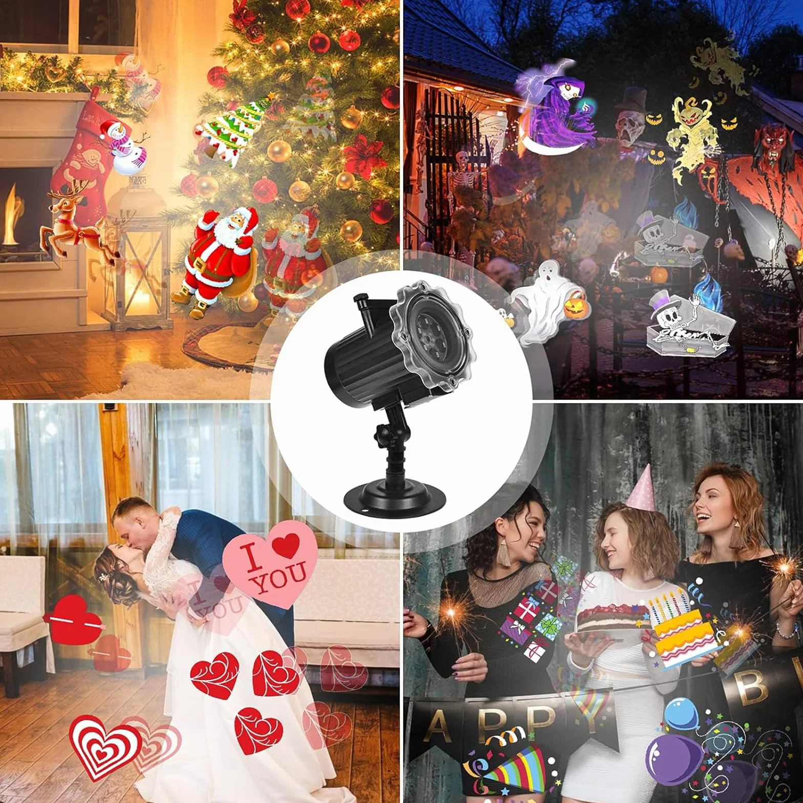 Projecteur Halloween Noël 16 Diapositives 64 Motifs Extérieur Intérieur avec Télécommande Étanche