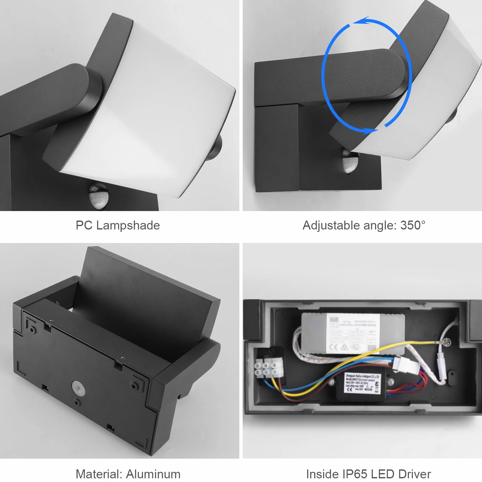 Applique Extérieure LED 24W avec Détecteur de Mouvement IP65 Noir Blanc Froid 5700K-6000K