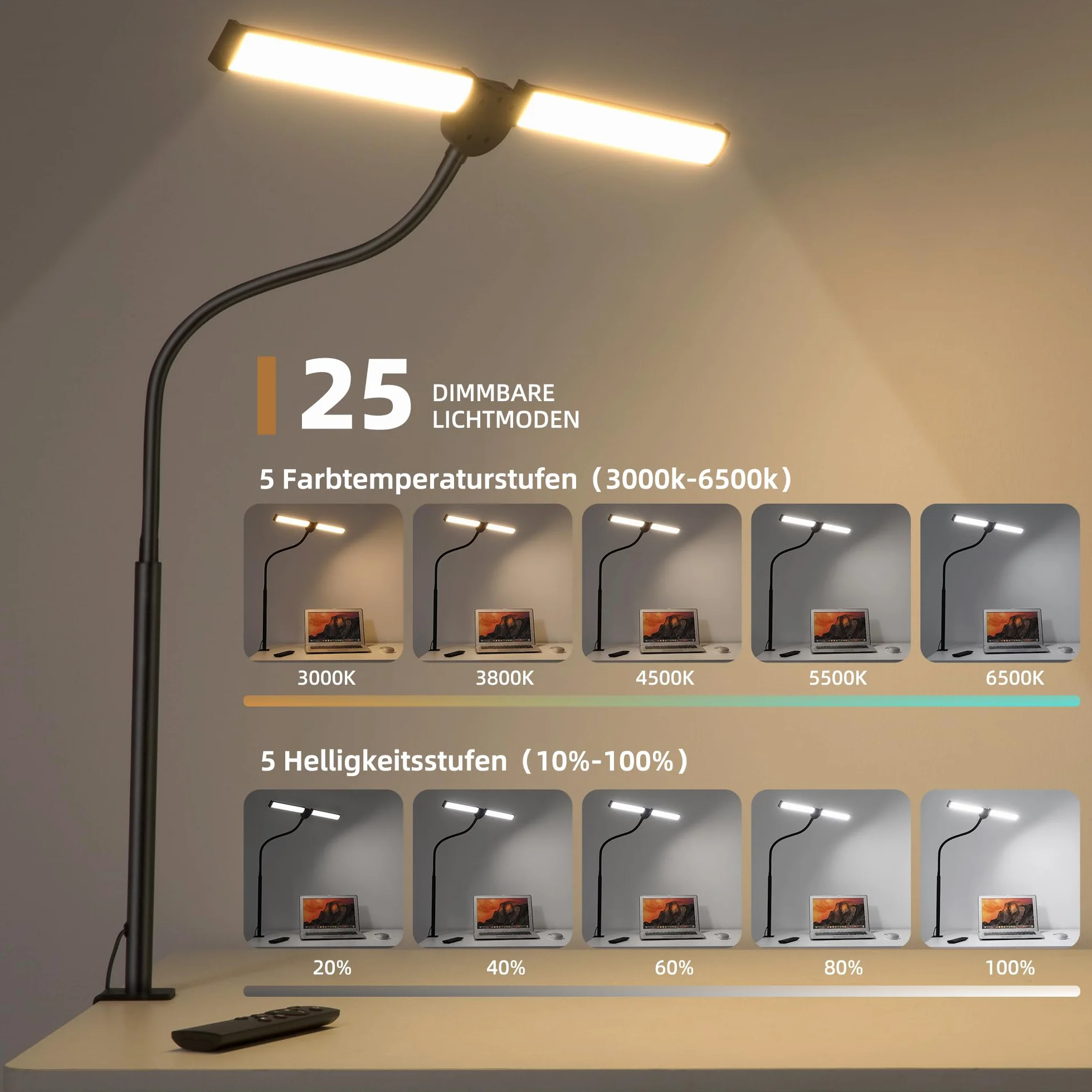 Lampe de Bureau LED, Double Tête, 5 Modes Couleur 5 Niveaux Luminosité, Col de Cygne Flexible