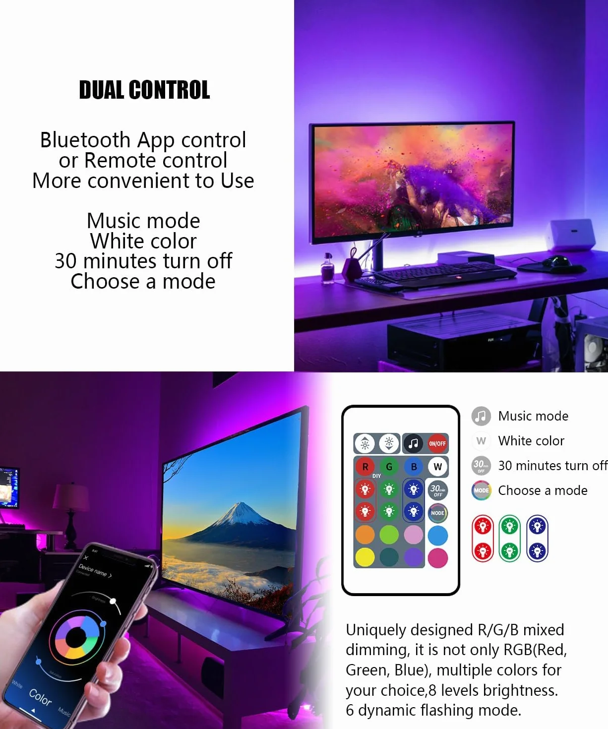 Nexillumi Ruban LED TV RGB Bande Lumineuse LED 4M 55-75 Pouces Musique Sync Bluetooth APP Télécommande USB