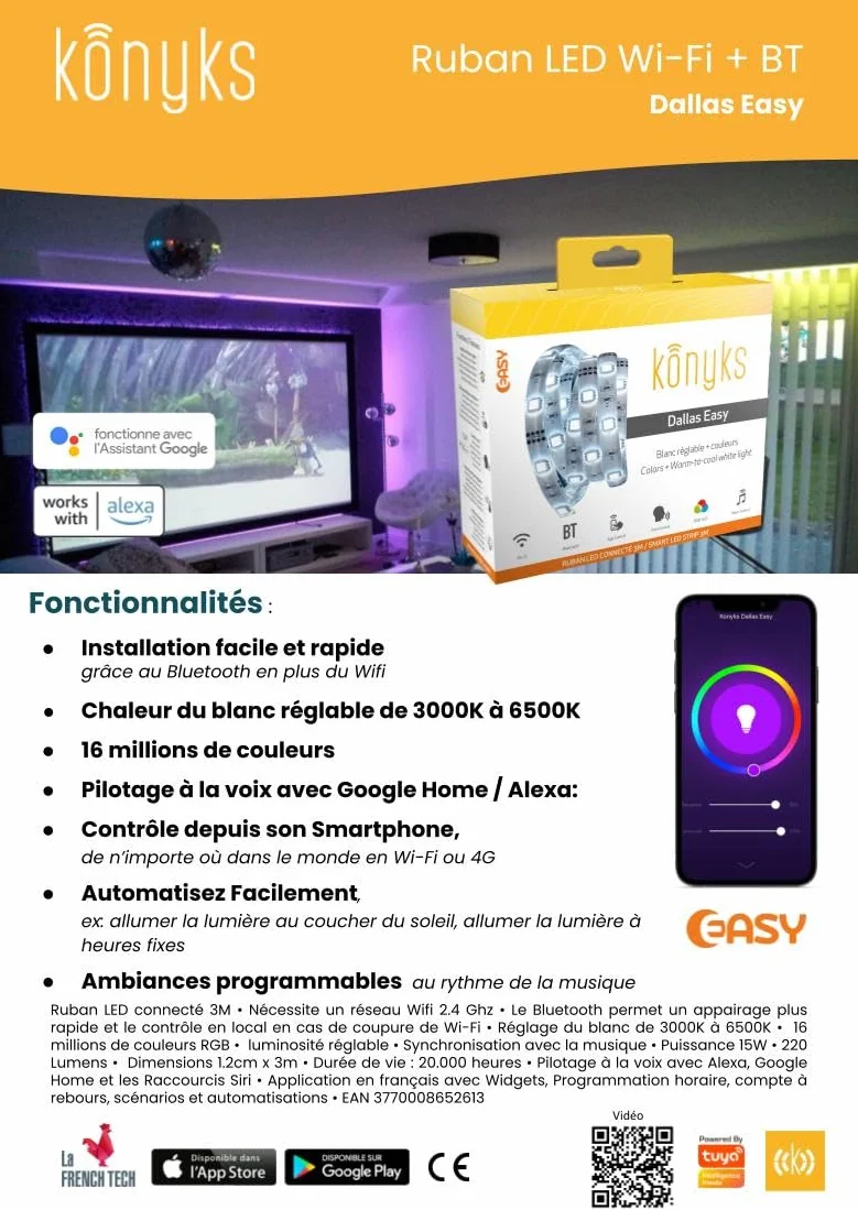 Konyks Dallas Easy Ruban LED connecté Wi-Fi BT 3 mètres compatible Alexa Google Home