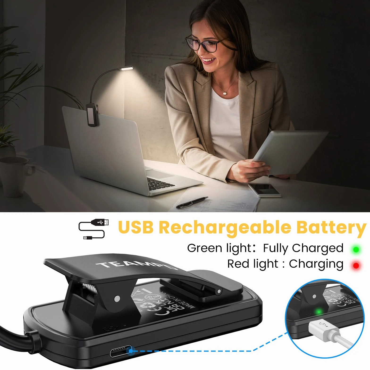 TEAMPD Lampe de Lecture LED Rechargeable, 10 LEDs, 360° Cou Flexible, 3 Couleurs & Intensité Variable, Mini Veilleuse