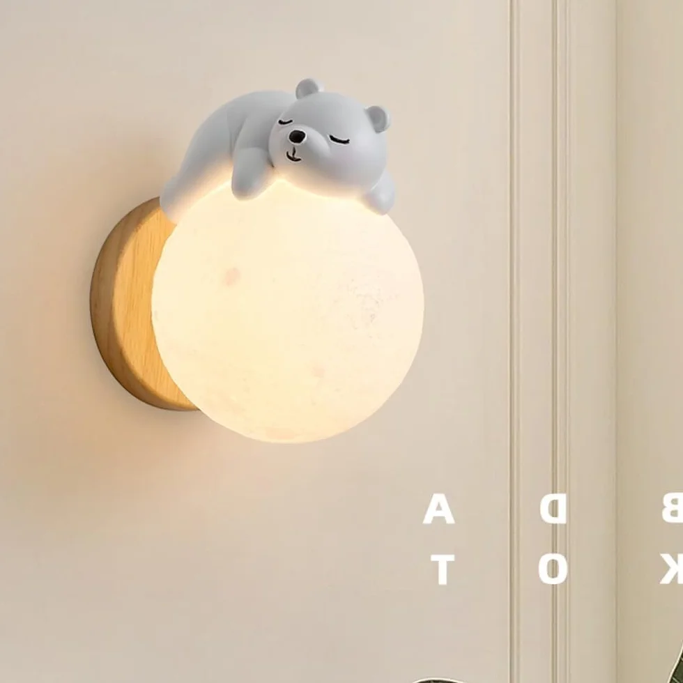 Applique Murale Chambre d'Enfants Lune Moderne Bois Résine Ours Abat-Jour PLA G9 Créatif Chevet Décor Luminaire