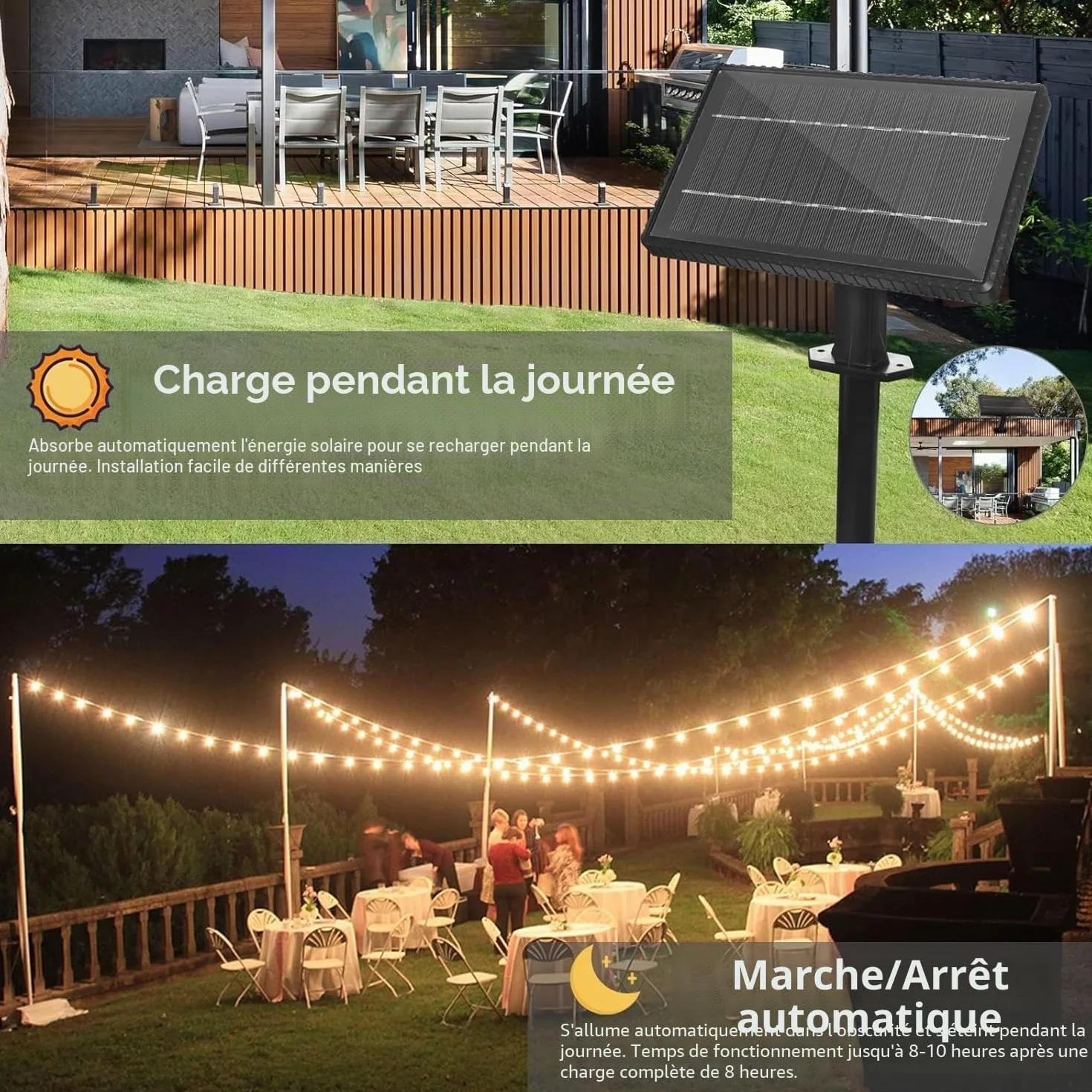 Guirlande lumineuse solaire d'extérieur 15 m IP45 2700 K Blanc chaud