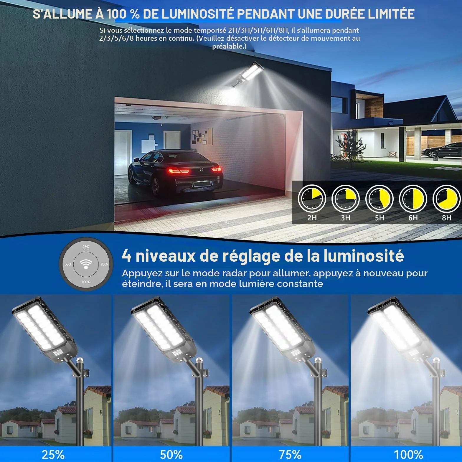 Adewalk 800W lampadaire solaire extérieure IP66 avec télécommande et capteur de mouvement 6500K LED