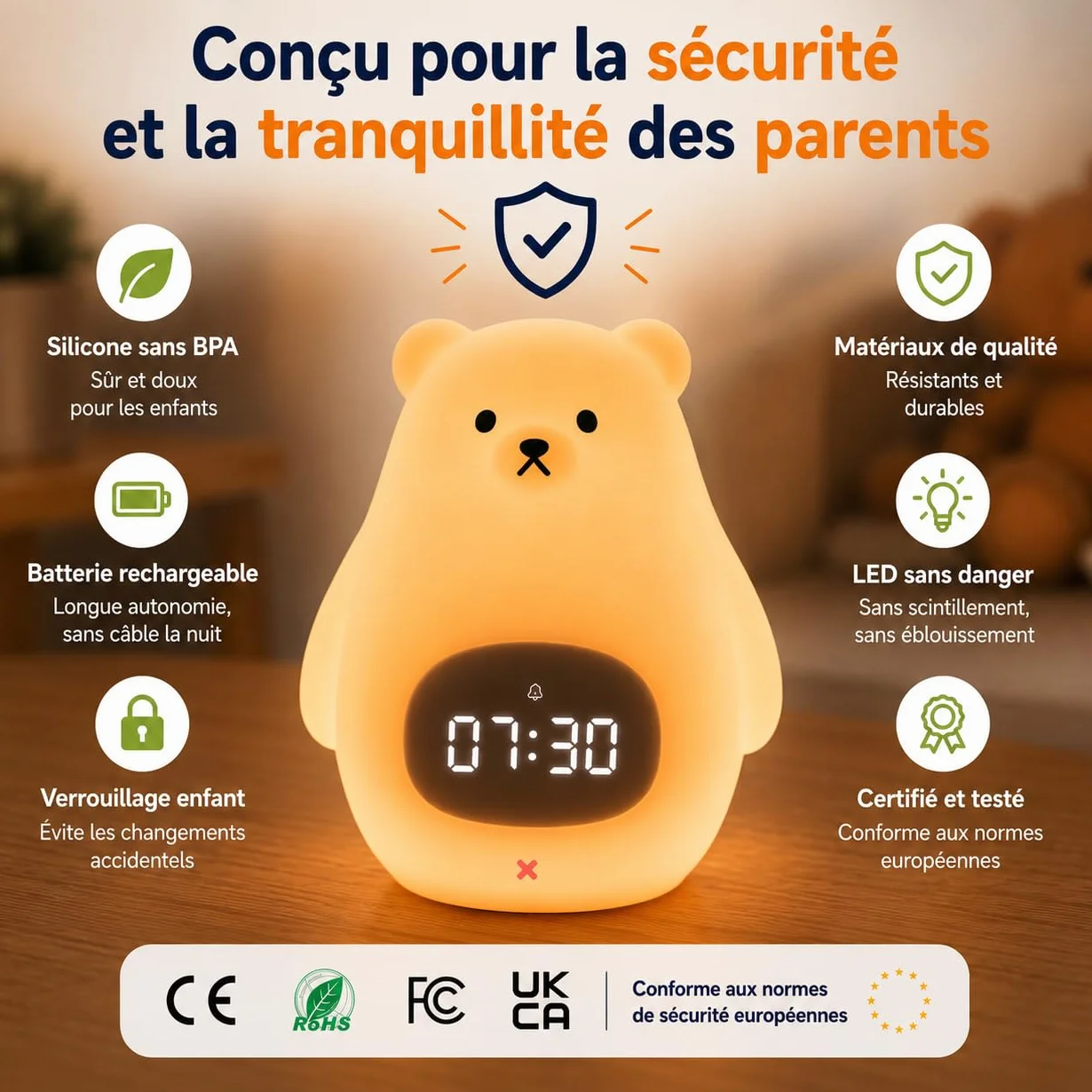 Réveil Enfant Jour/Nuit avec Veilleuse LED Contrôle Appli iOS Android Rechargeable