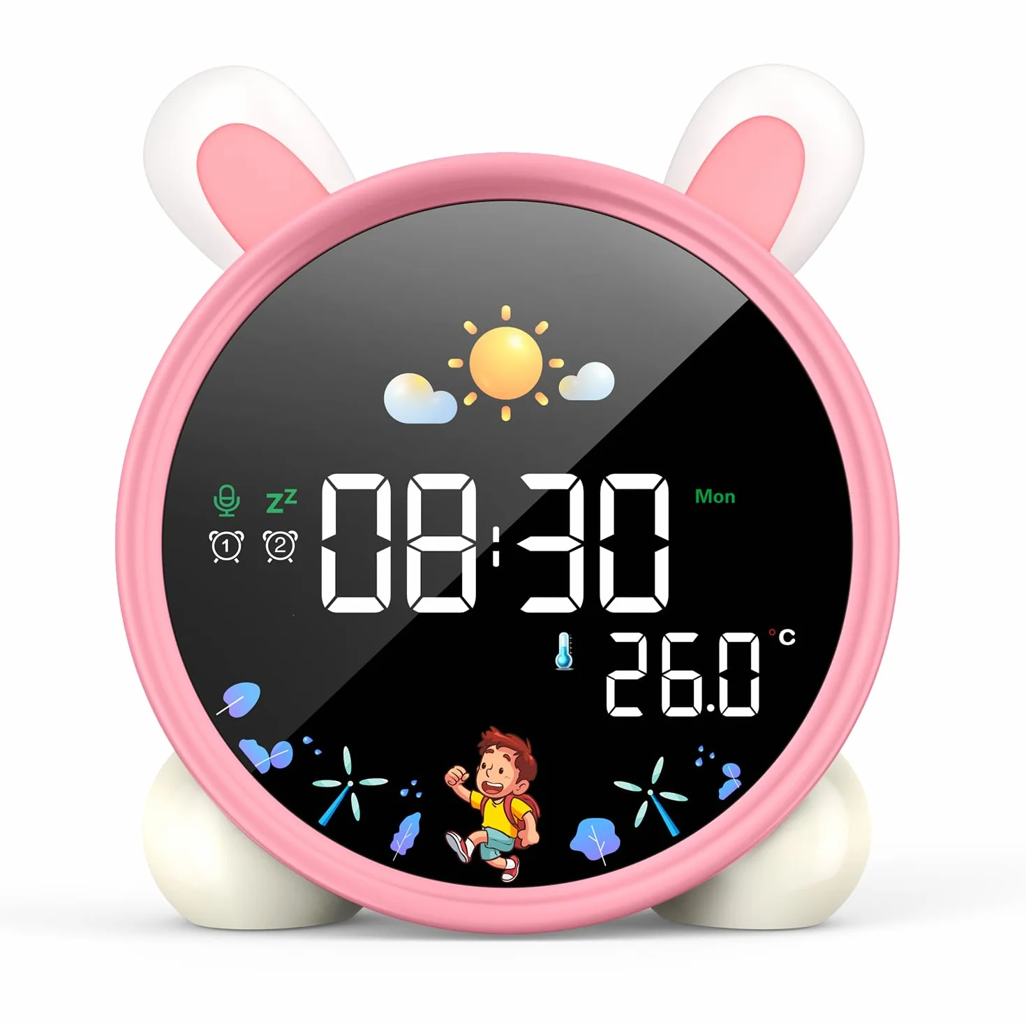 LEMNOI Réveil Educatif Jour Nuit Enfant Chatte LED Lampe de Chevet avec Musique Double Alarme Température Fonction Snooze Lapin