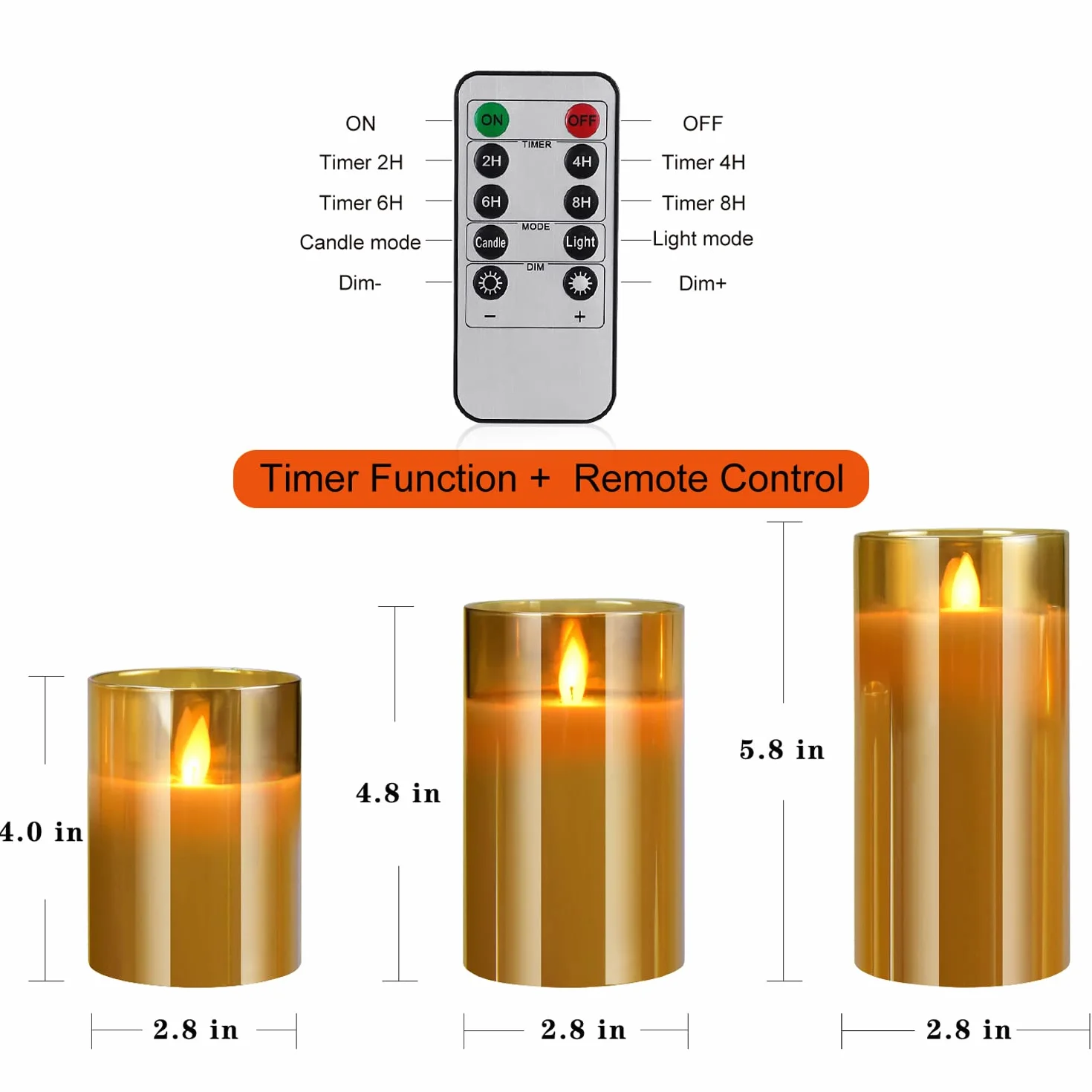 Bougies LED Sans Flamme 10-15cm Piliers Verre Doré avec Télécommande et Minuterie