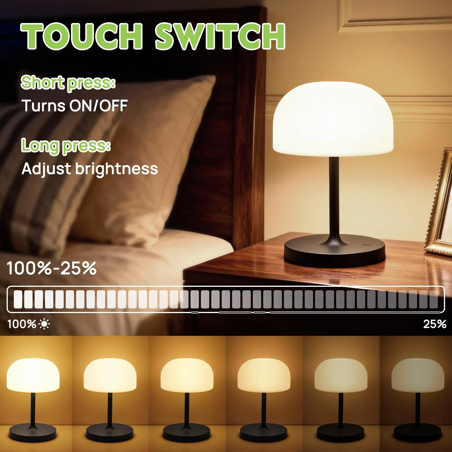 Lampe de Chevet Sans Fil LED Rechargeable, Lampe Champignon Tactile Noir, Veilleuse Intérieur Extérieur