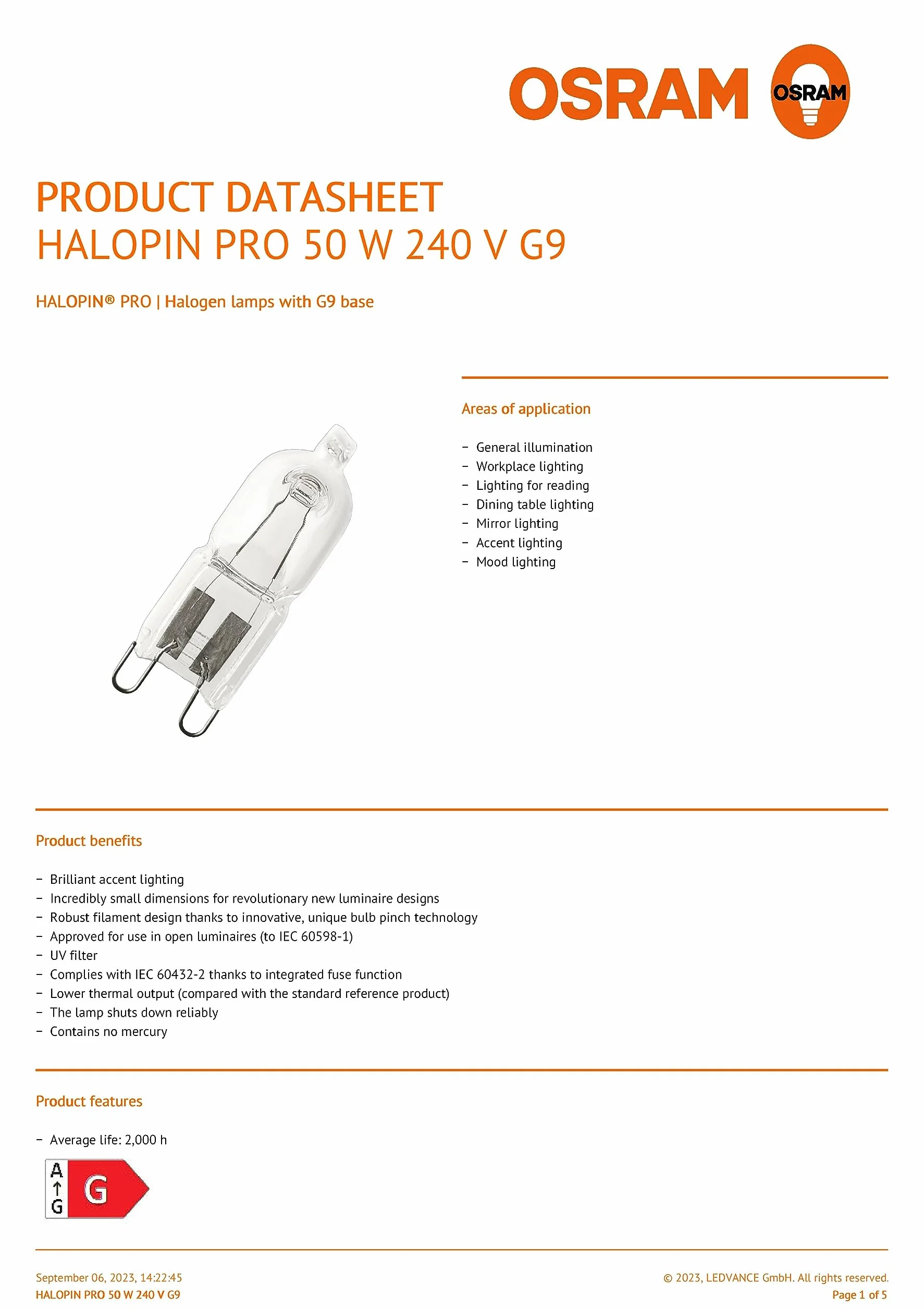 OSRAM Halogènes Superstar capsule 48W équi. 60W G9, Transparent, 2 unités