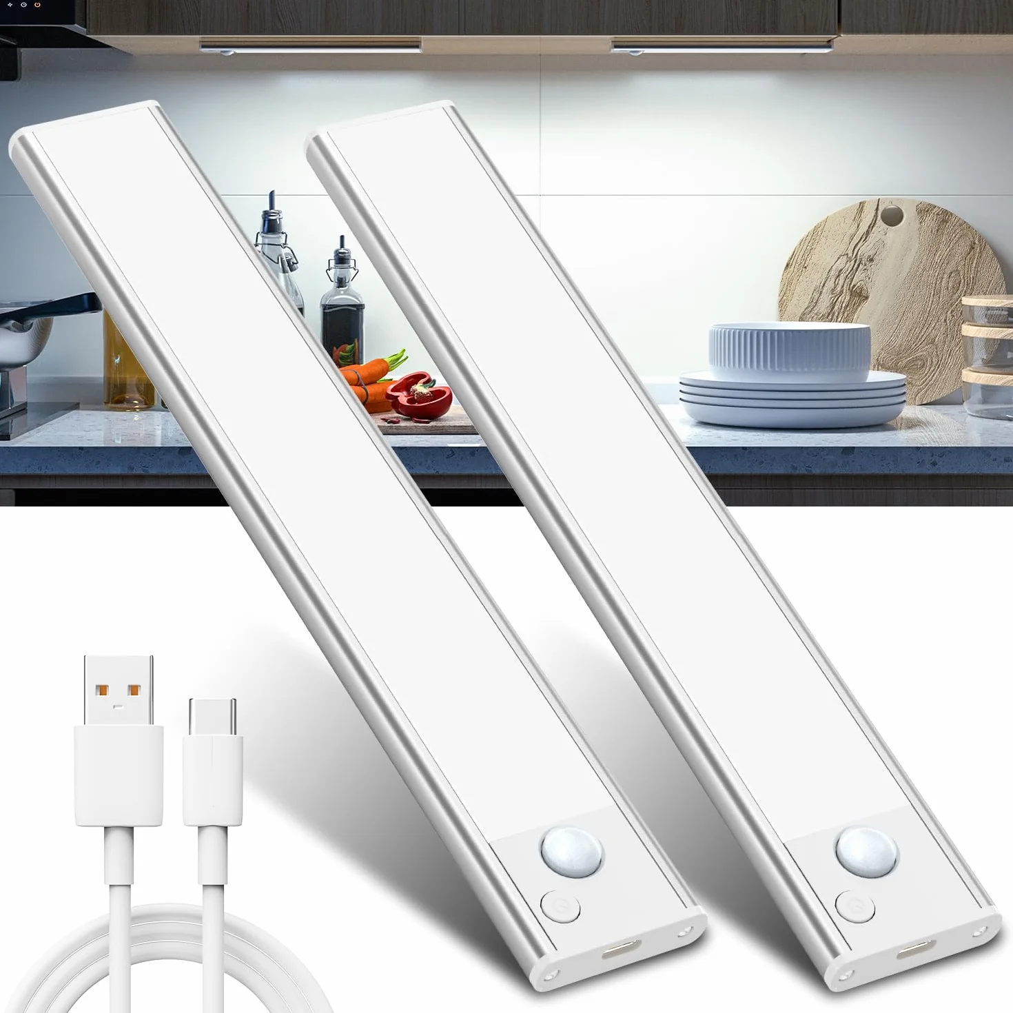 Lampe LED Rechargeable Cuisine Reglette Sans Fil Mouvement Detecteur Lumiere Interieur Sous Meuble Placard Eclairage USB Pile