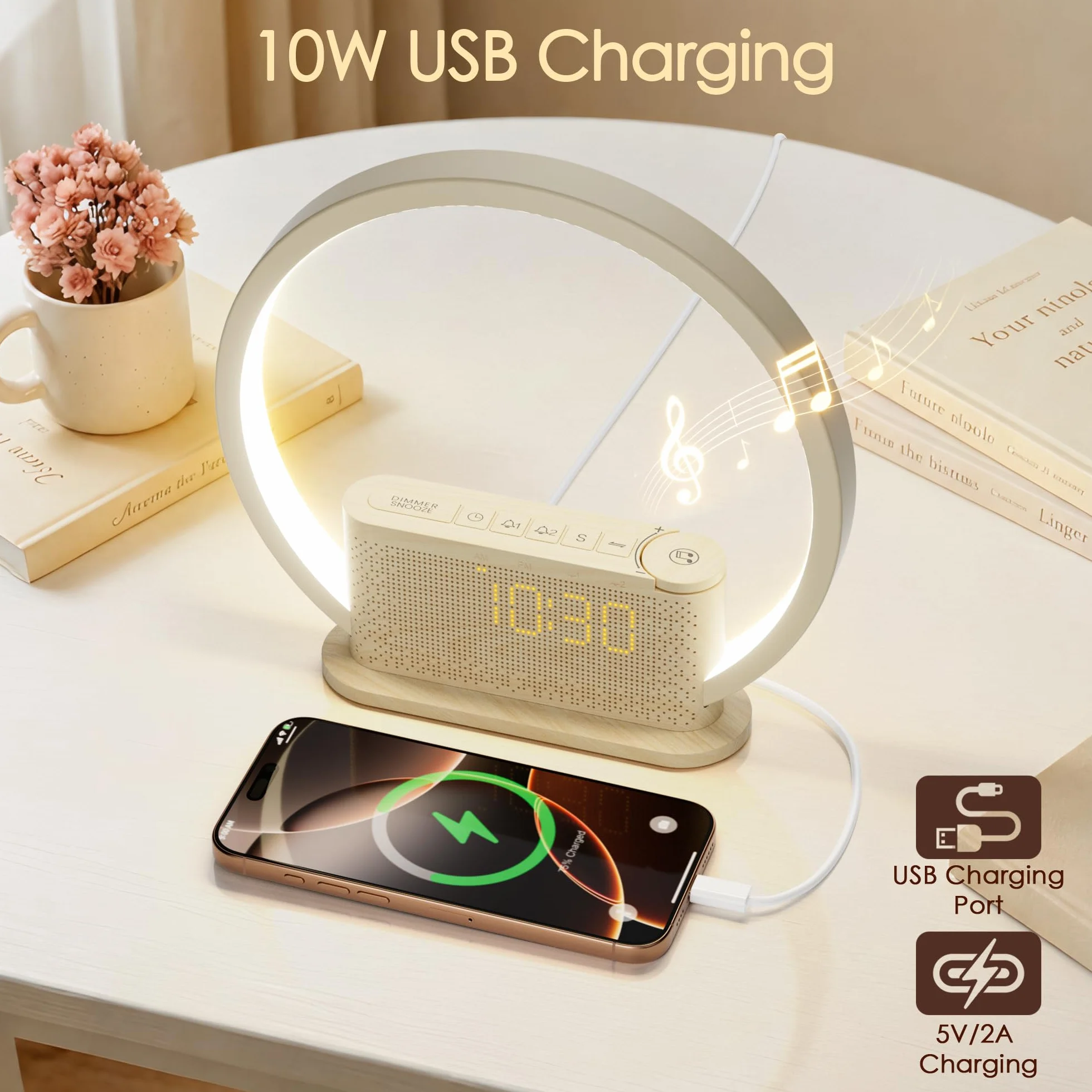 Lampe de réveil avec lumière naturelle imitant le lever du soleil, 3 niveaux de luminosité, 10 sonneries naturelles, port USB, veilleuse