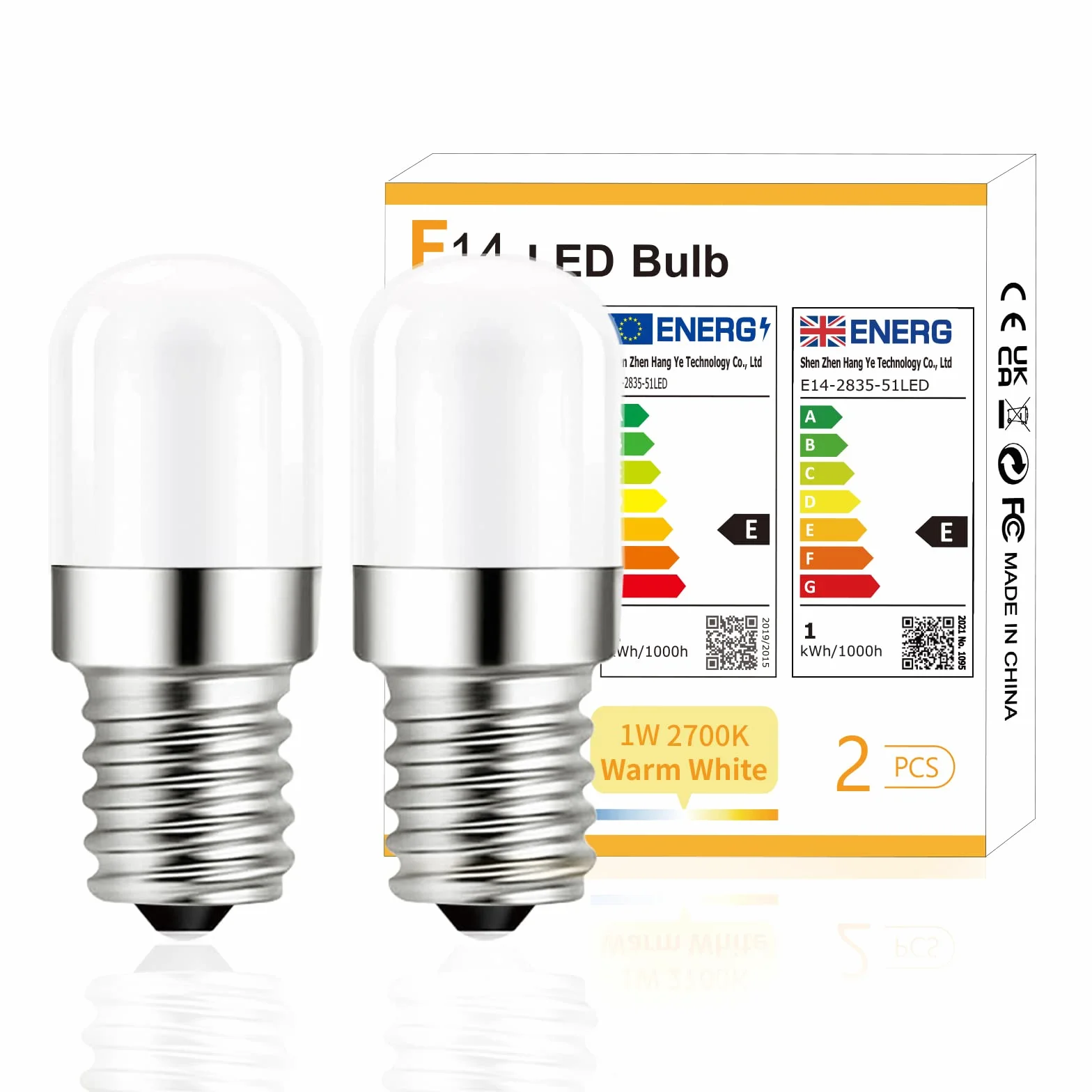 Ampoule LED E14 1W 120lm Blanc Chaud 2700K pour Réfrigérateur, 2 Pièces