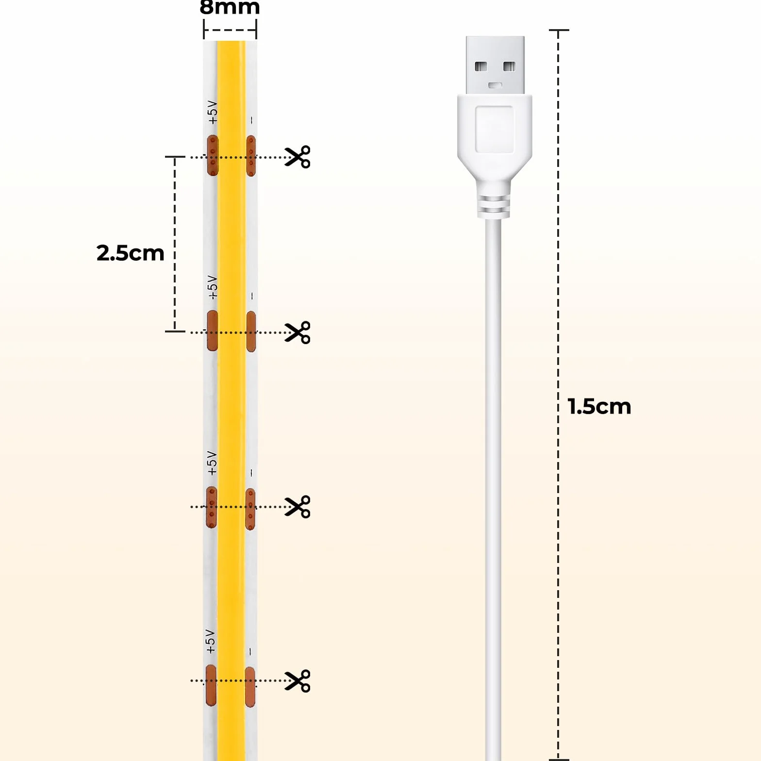Ruban LED COB USB 5V 8mm Blanc Naturel 4000K IRC92 Flexible Sans Point
